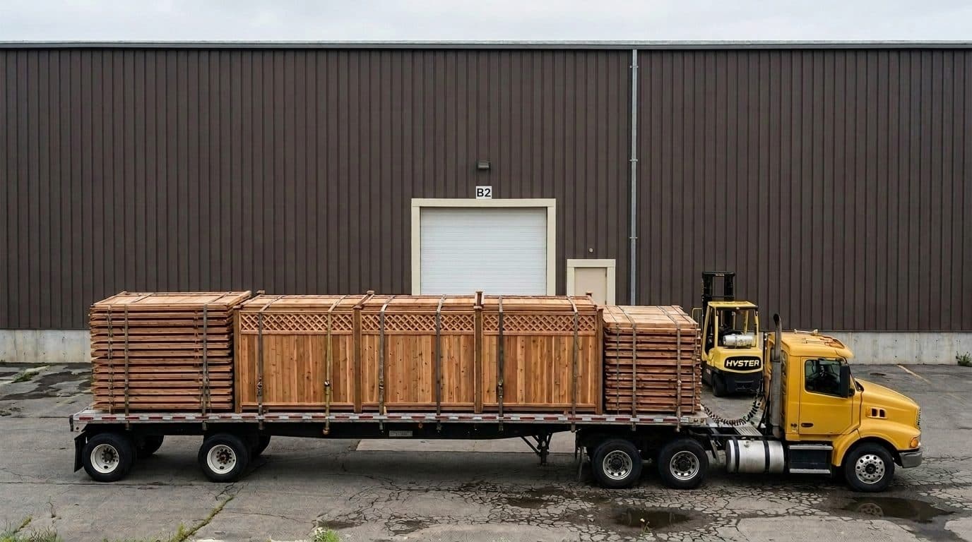 The NorthStar facility at 240 Ellwood Drive West, Bolton, Ontario — flatbed truck, forklift and pallets of cedar and pressure-treated fence panels staged on the yard