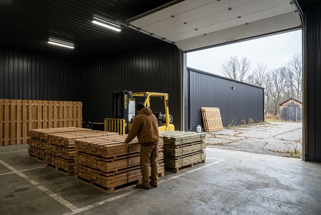 Interior of the Bolton facility with cedar and pressure-treated fence panels staged on pallets