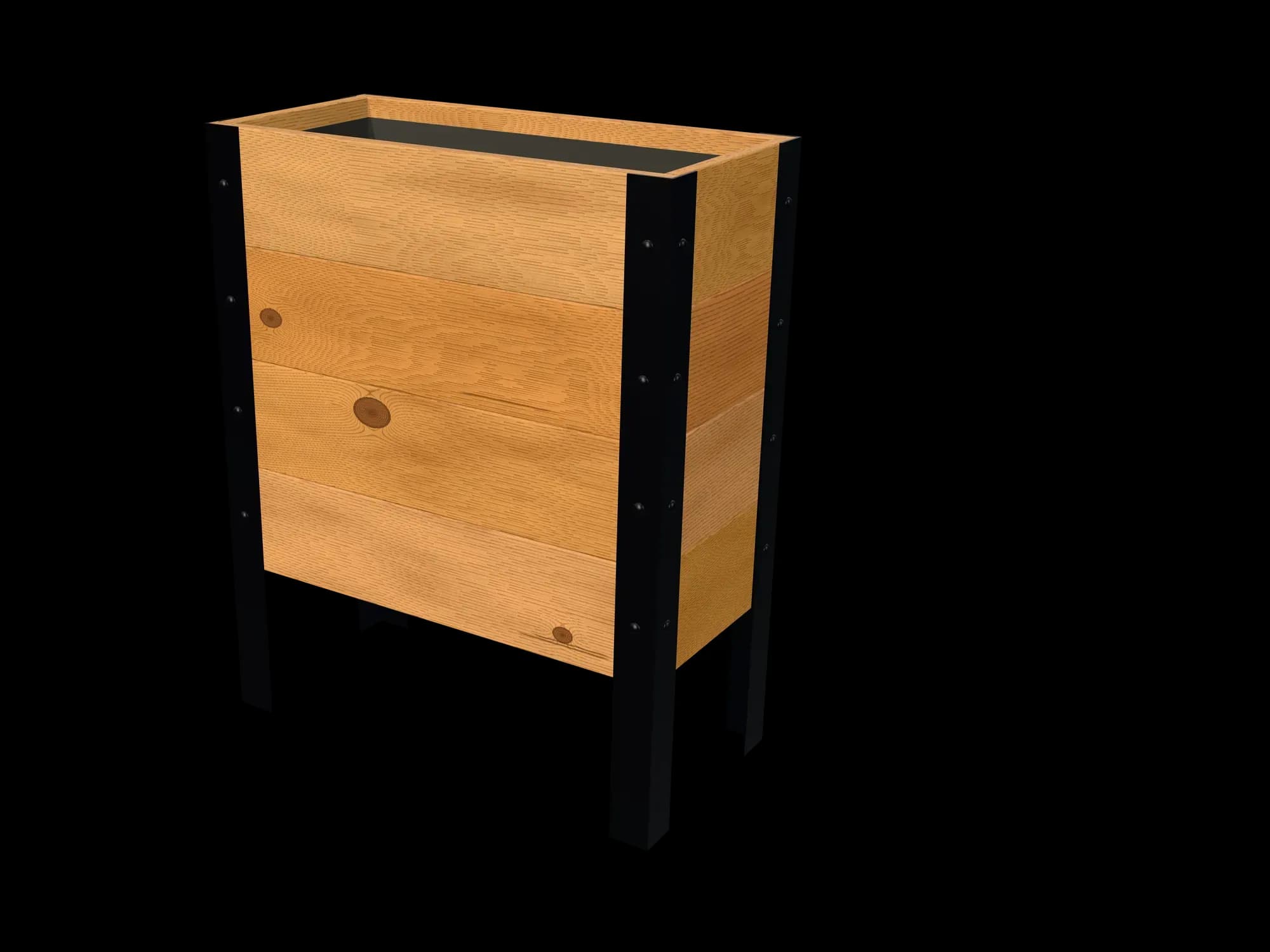 Rendering of the 11.5 × 24 in cedar raised garden bed, Deep, Knotty grade, three-quarter view on powder-coated steel legs