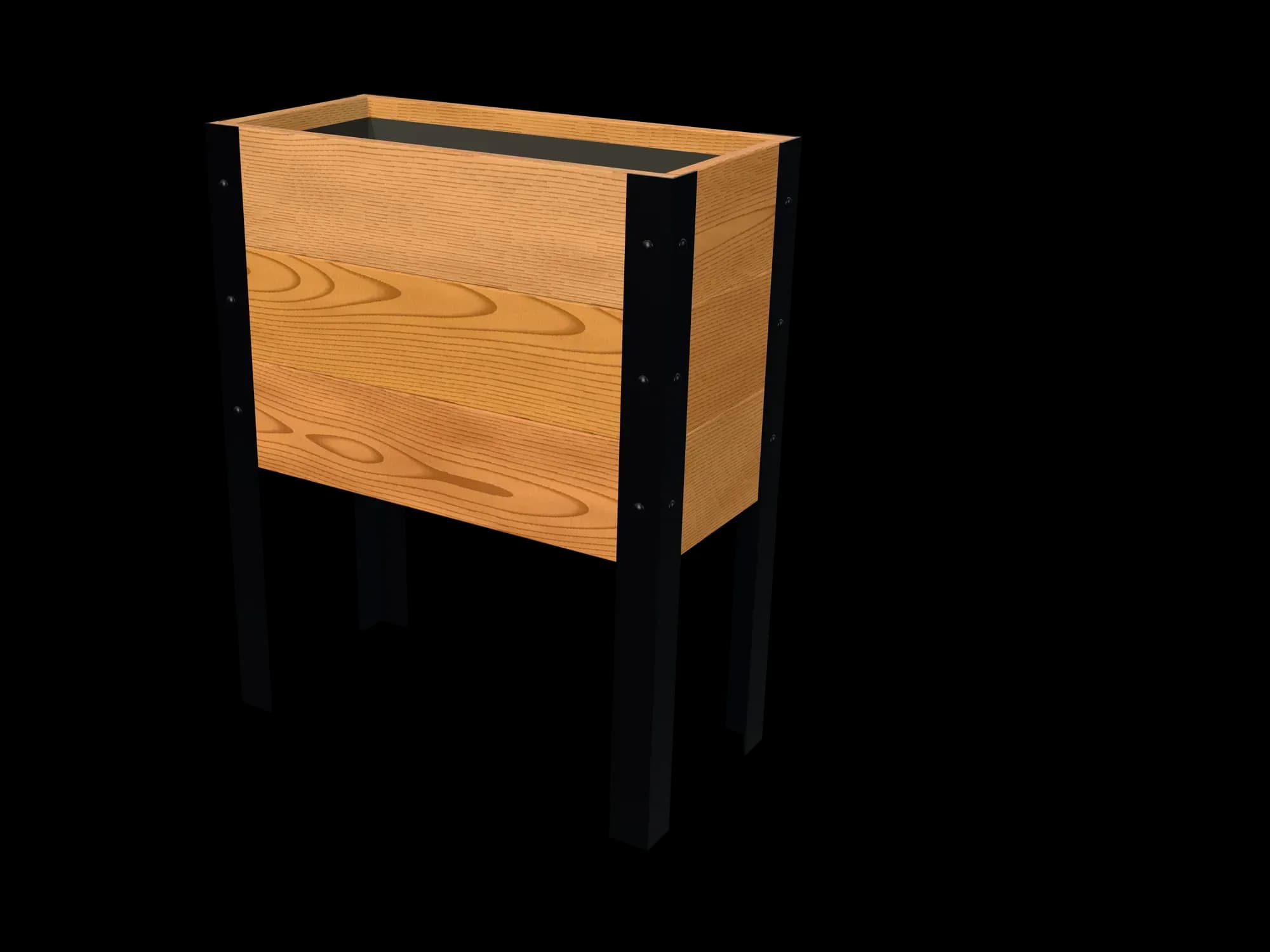 Rendering of the 11.5 × 24 in cedar raised garden bed, Standard, Clear grade, three-quarter view on powder-coated steel legs