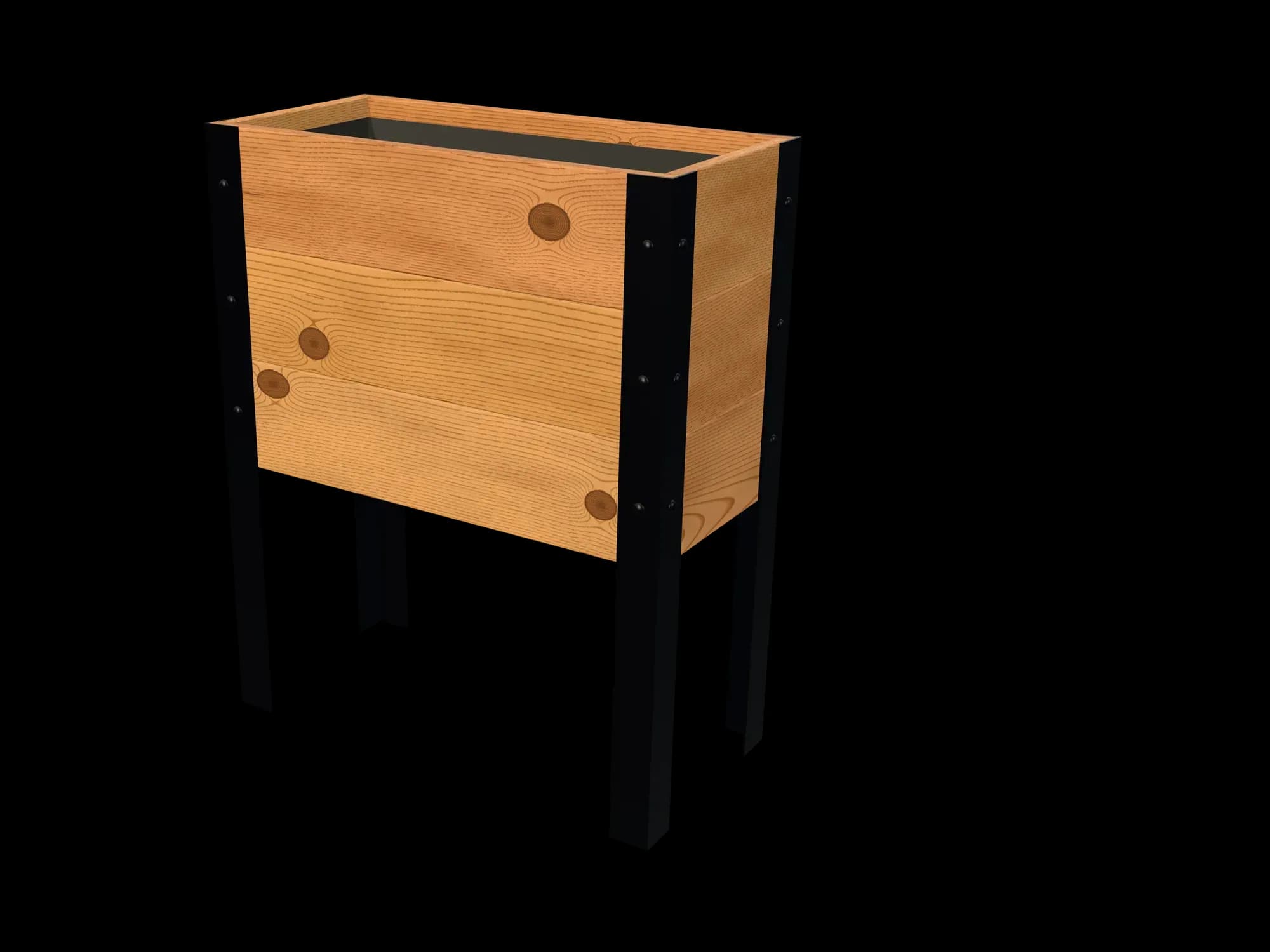 Rendering of the 11.5 × 24 in cedar raised garden bed, Standard, Knotty grade, three-quarter view on powder-coated steel legs