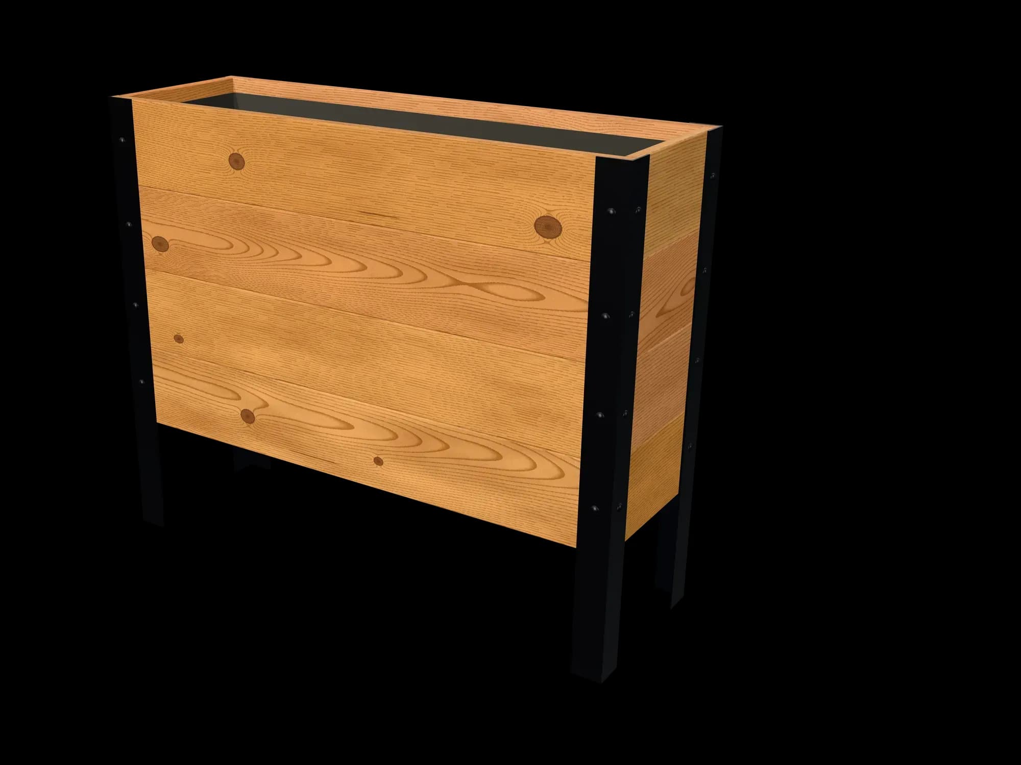 Rendering of the 11.5 × 36 in cedar raised garden bed, Deep, Knotty grade, three-quarter view on powder-coated steel legs