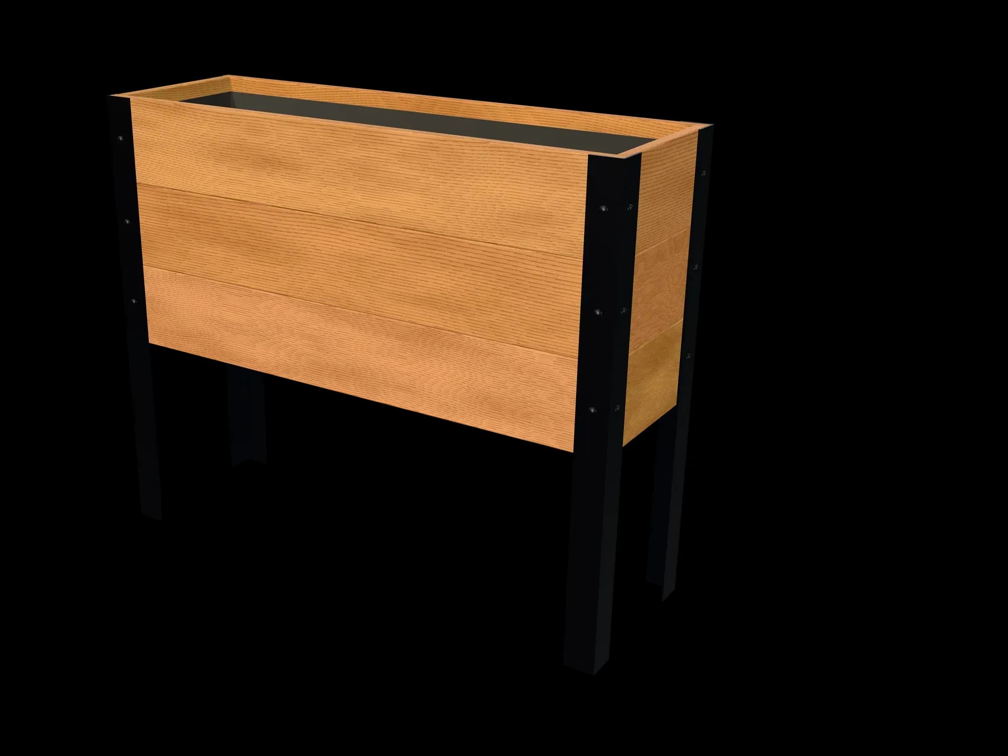 Rendering of the 11.5 × 36 in cedar raised garden bed, Standard, Clear grade, three-quarter view on powder-coated steel legs
