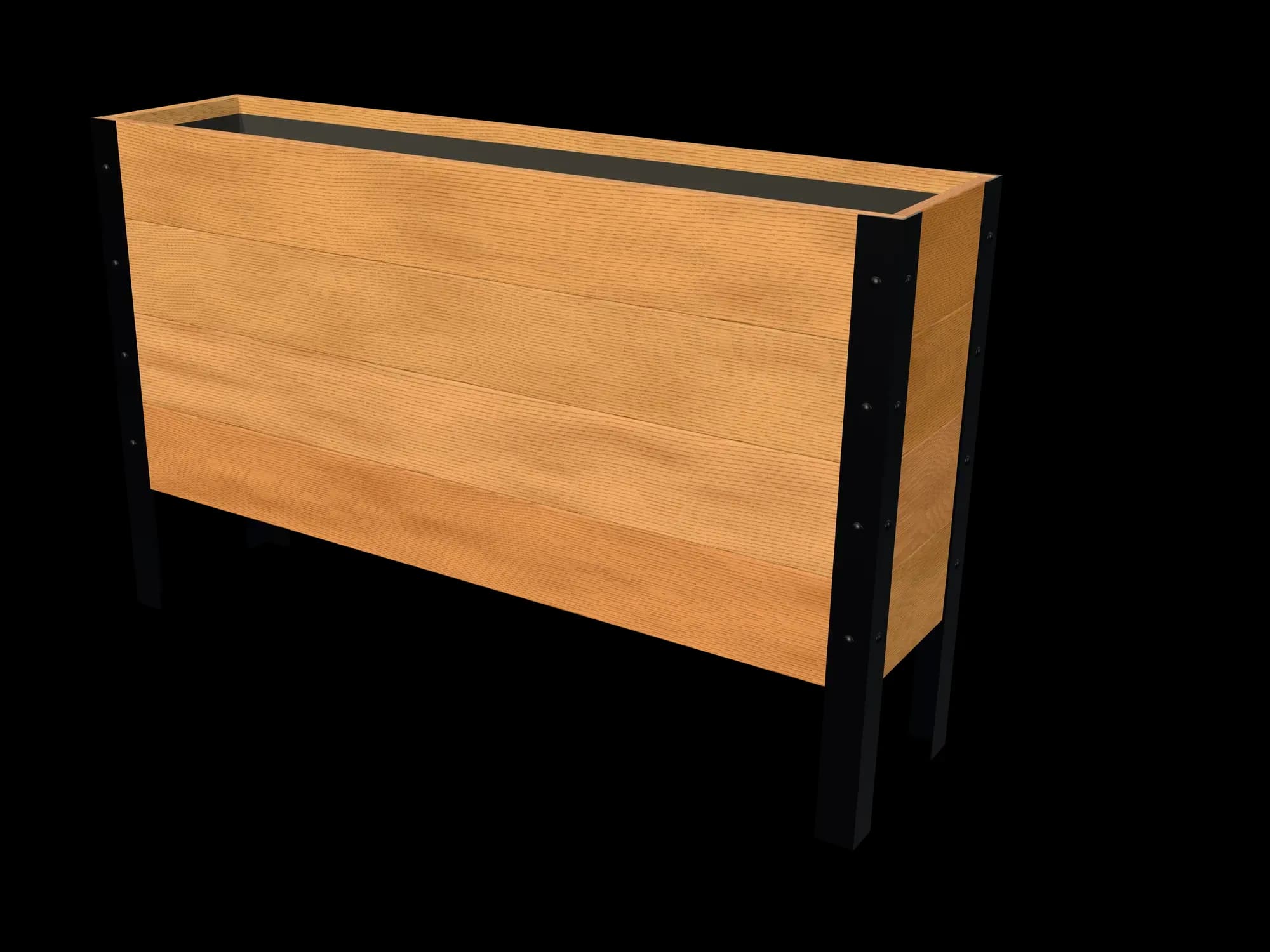 Rendering of the 11.5 × 48 in cedar raised garden bed, Deep, Clear grade, three-quarter view on powder-coated steel legs