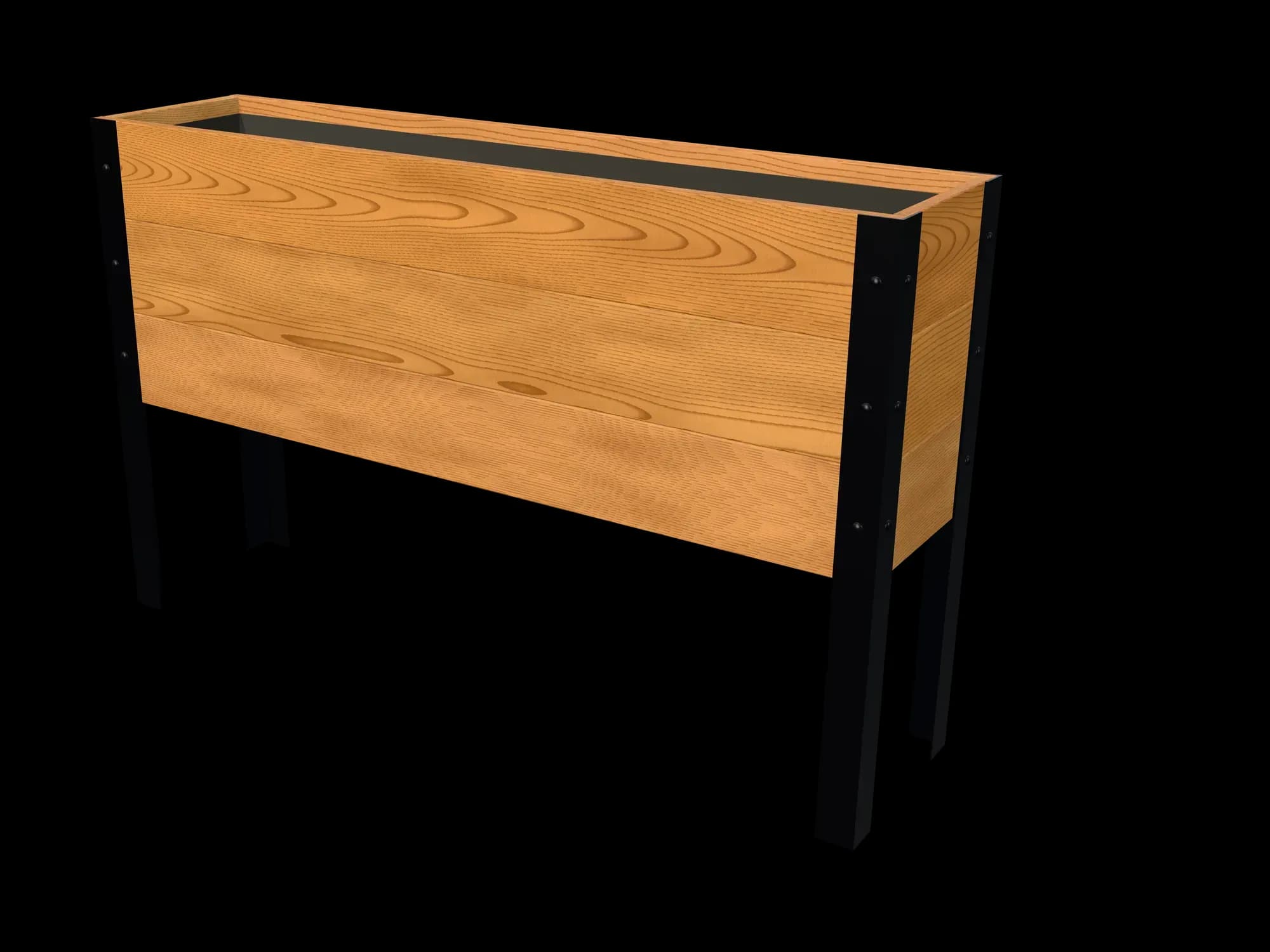 Rendering of the 11.5 × 48 in cedar raised garden bed, Standard, Clear grade, three-quarter view on powder-coated steel legs