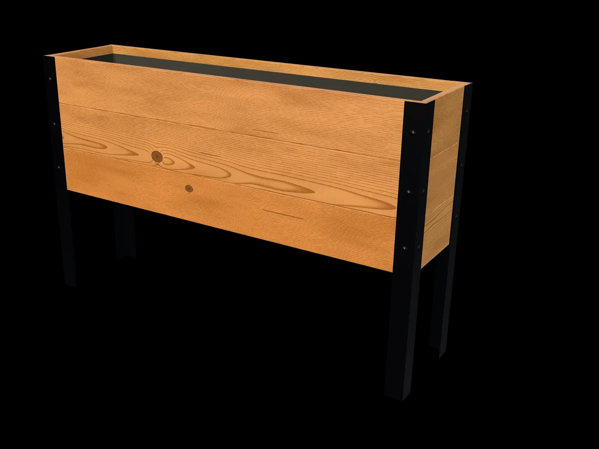 Rendering of the 11.5 × 48 in cedar raised garden bed, Standard, Knotty grade, three-quarter view on powder-coated steel legs