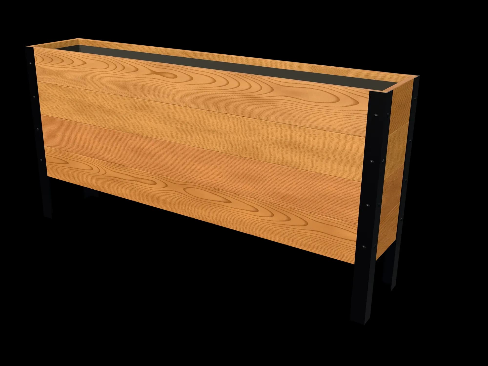 Rendering of the 11.5 × 60 in cedar raised garden bed, Deep, Clear grade, three-quarter view on powder-coated steel legs