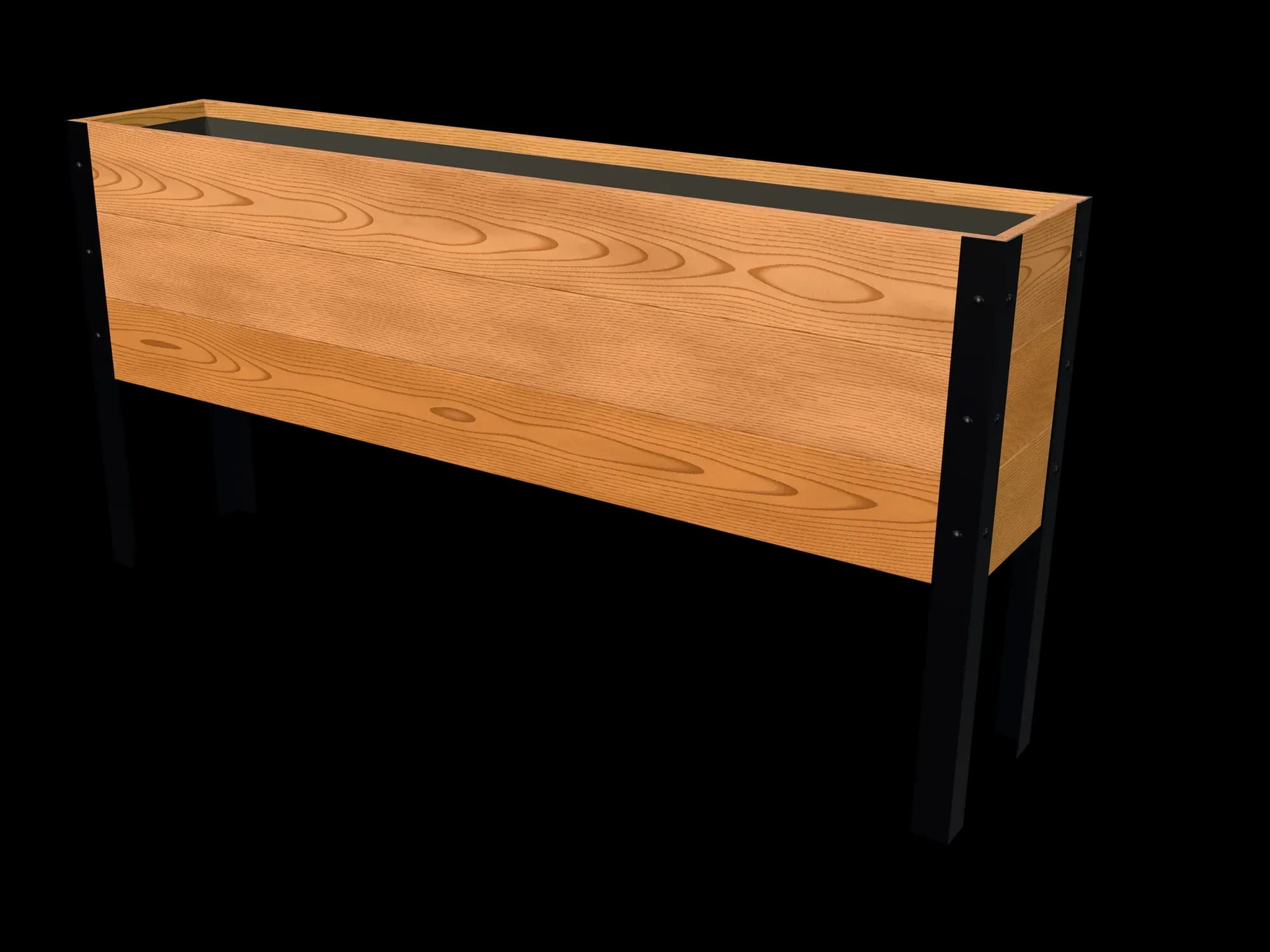 Rendering of the 11.5 × 60 in cedar raised garden bed, Standard, Clear grade, three-quarter view on powder-coated steel legs