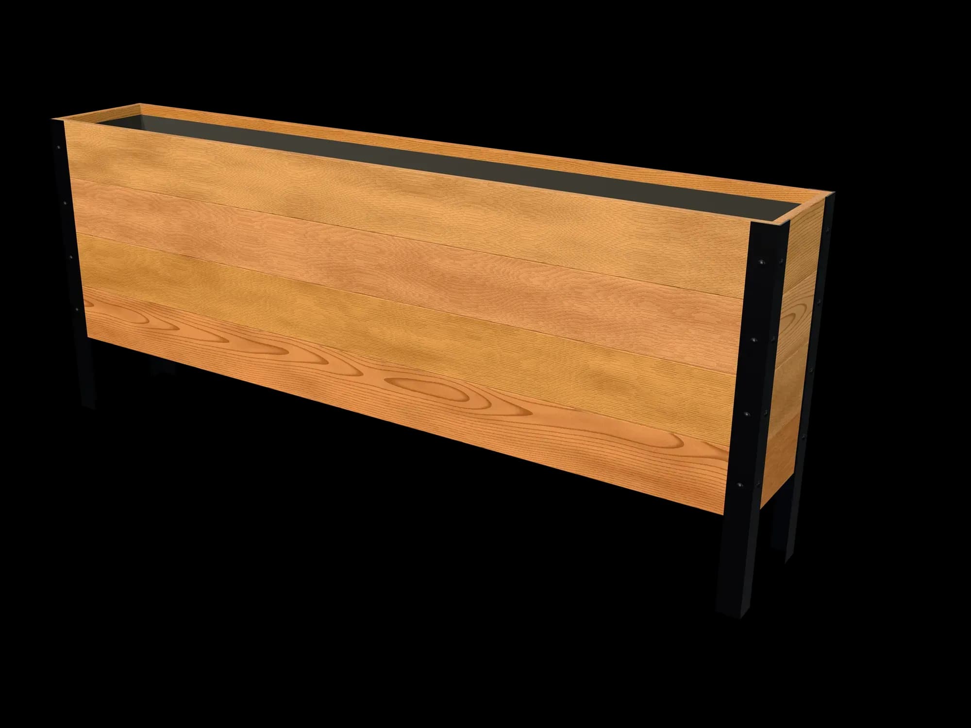 Rendering of the 11.5 × 72 in cedar raised garden bed, Deep, Clear grade, three-quarter view on powder-coated steel legs
