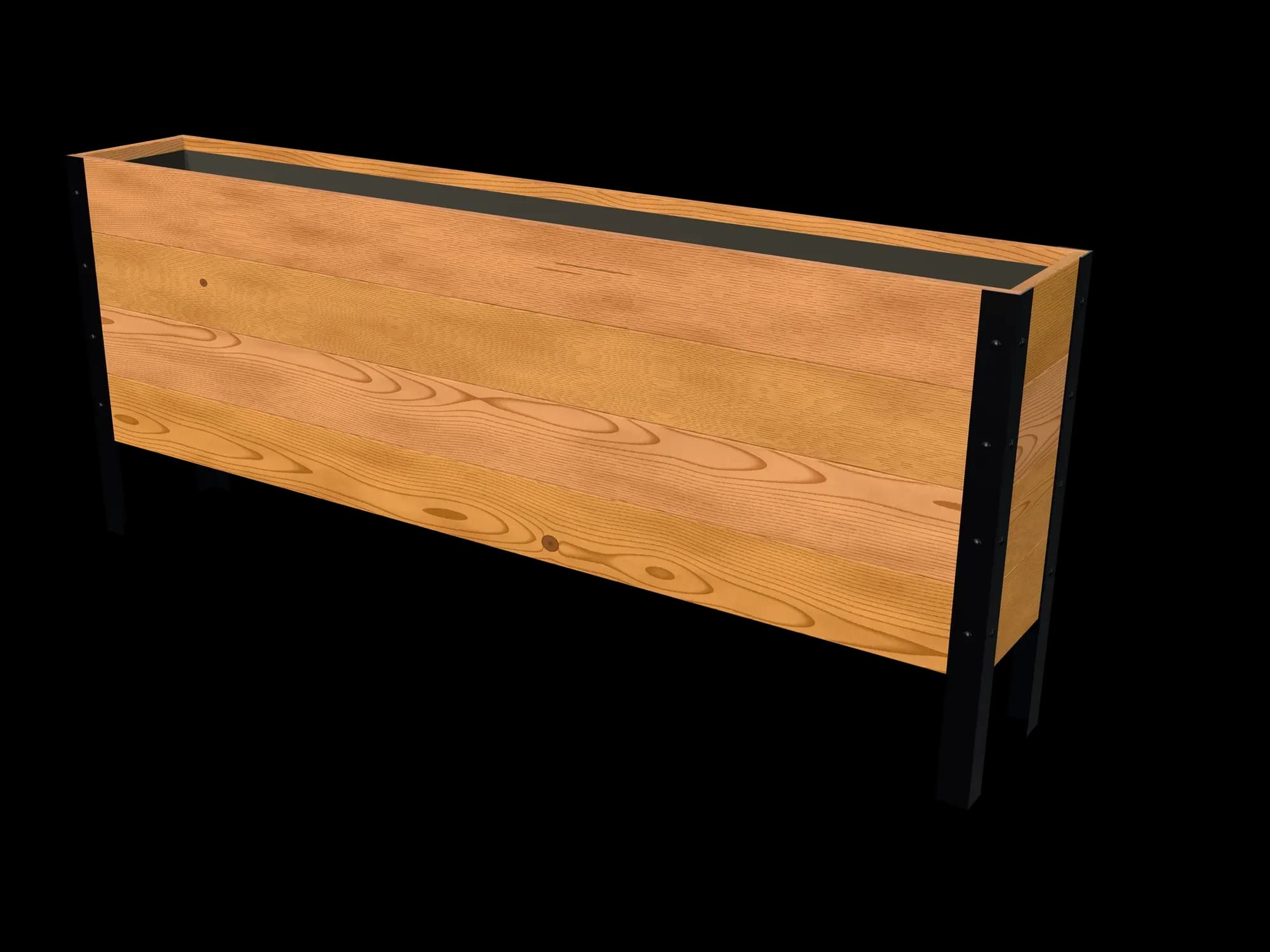 Rendering of the 11.5 × 72 in cedar raised garden bed, Deep, Knotty grade, three-quarter view on powder-coated steel legs