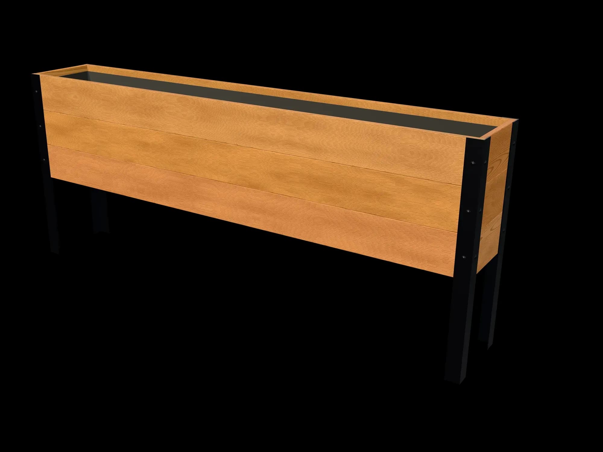 Rendering of the 11.5 × 72 in cedar raised garden bed, Standard, Clear grade, three-quarter view on powder-coated steel legs