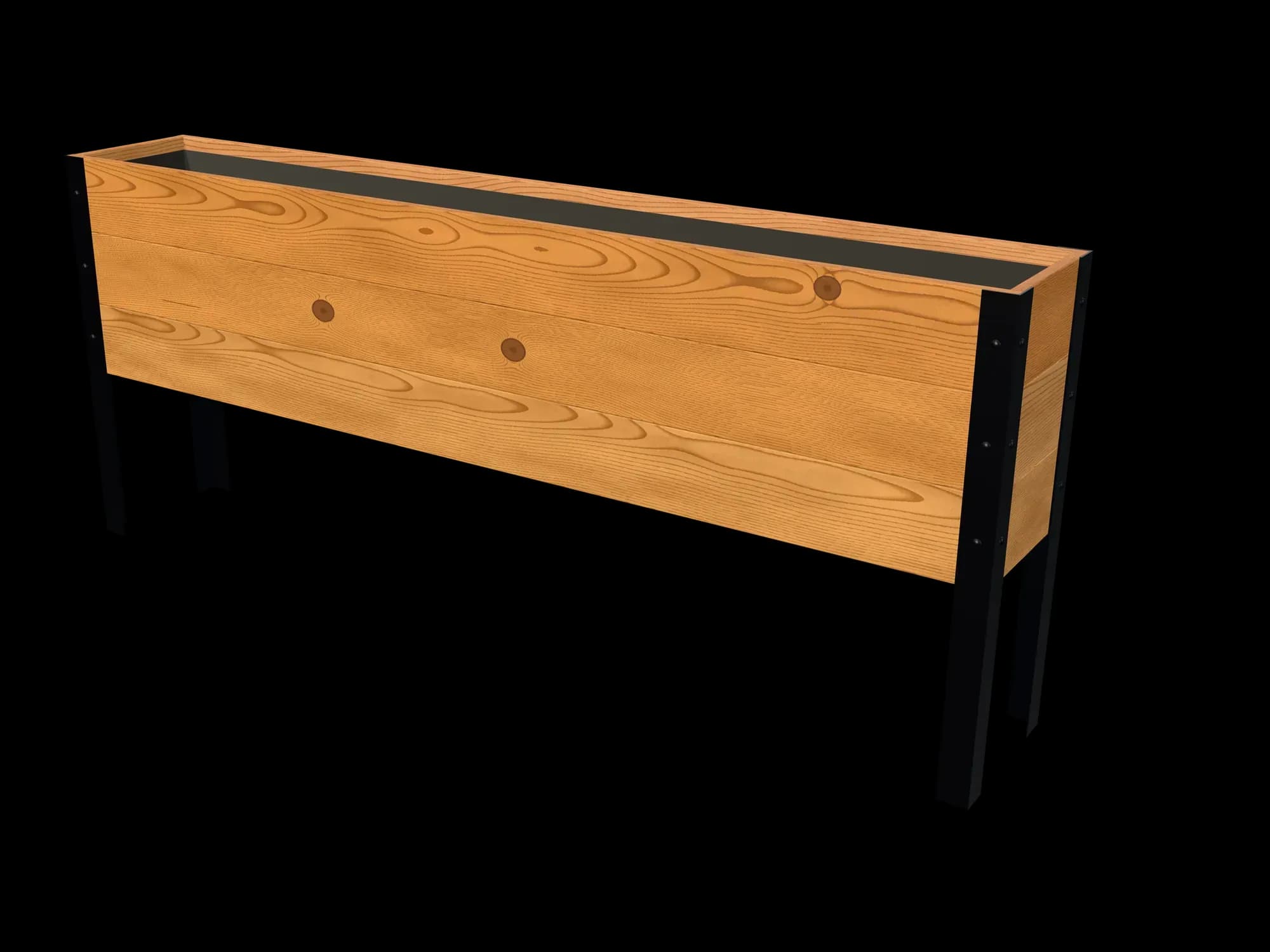 Rendering of the 11.5 × 72 in cedar raised garden bed, Standard, Knotty grade, three-quarter view on powder-coated steel legs