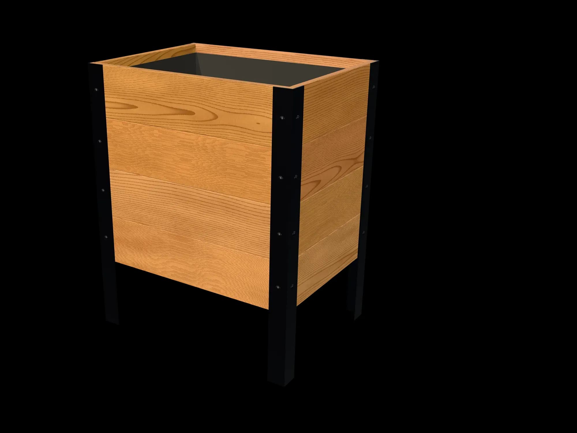 Rendering of the 18 × 24 in cedar raised garden bed, Deep, Clear grade, three-quarter view on powder-coated steel legs
