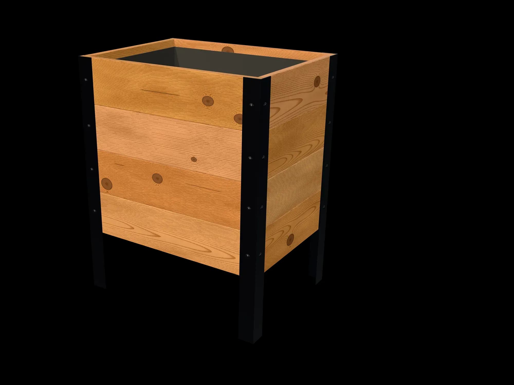 Rendering of the 18 × 24 in cedar raised garden bed, Deep, Knotty grade, three-quarter view on powder-coated steel legs