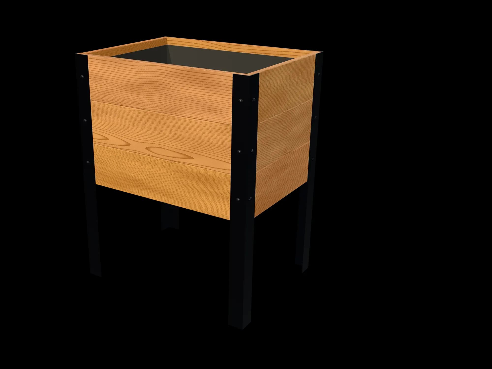 Rendering of the 18 × 24 in cedar raised garden bed, Standard, Clear grade, three-quarter view on powder-coated steel legs