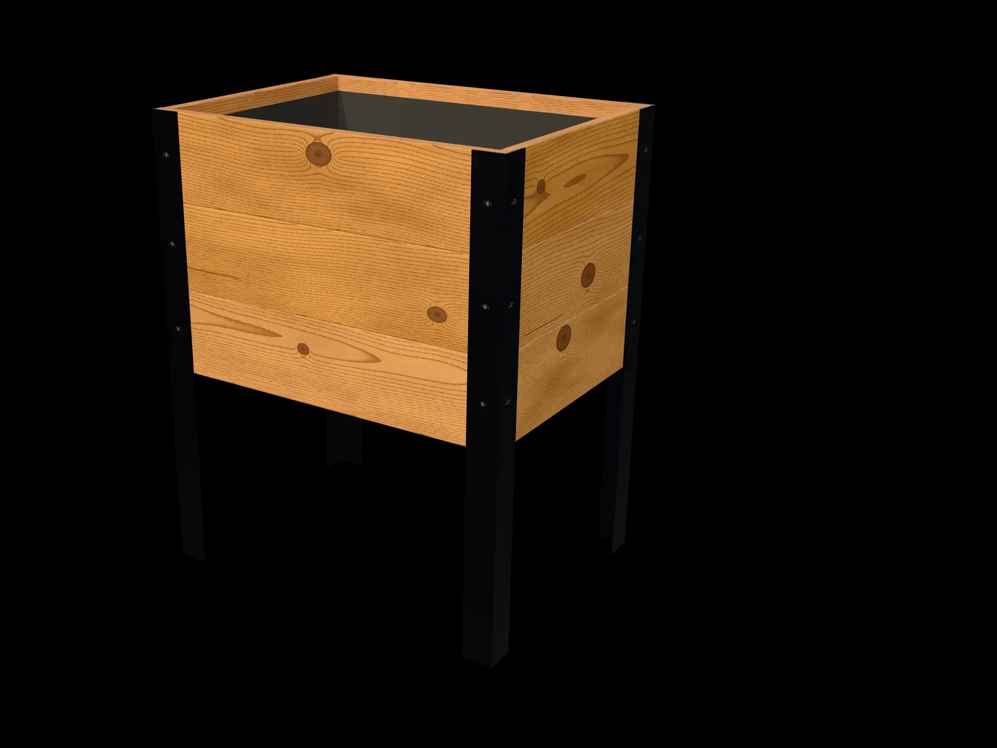 Rendering of the 18 × 24 in cedar raised garden bed, Standard, Knotty grade, three-quarter view on powder-coated steel legs