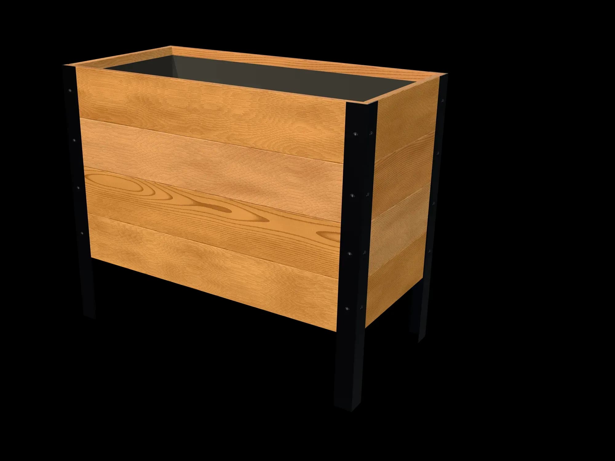 Rendering of the 18 × 36 in cedar raised garden bed, Deep, Clear grade, three-quarter view on powder-coated steel legs