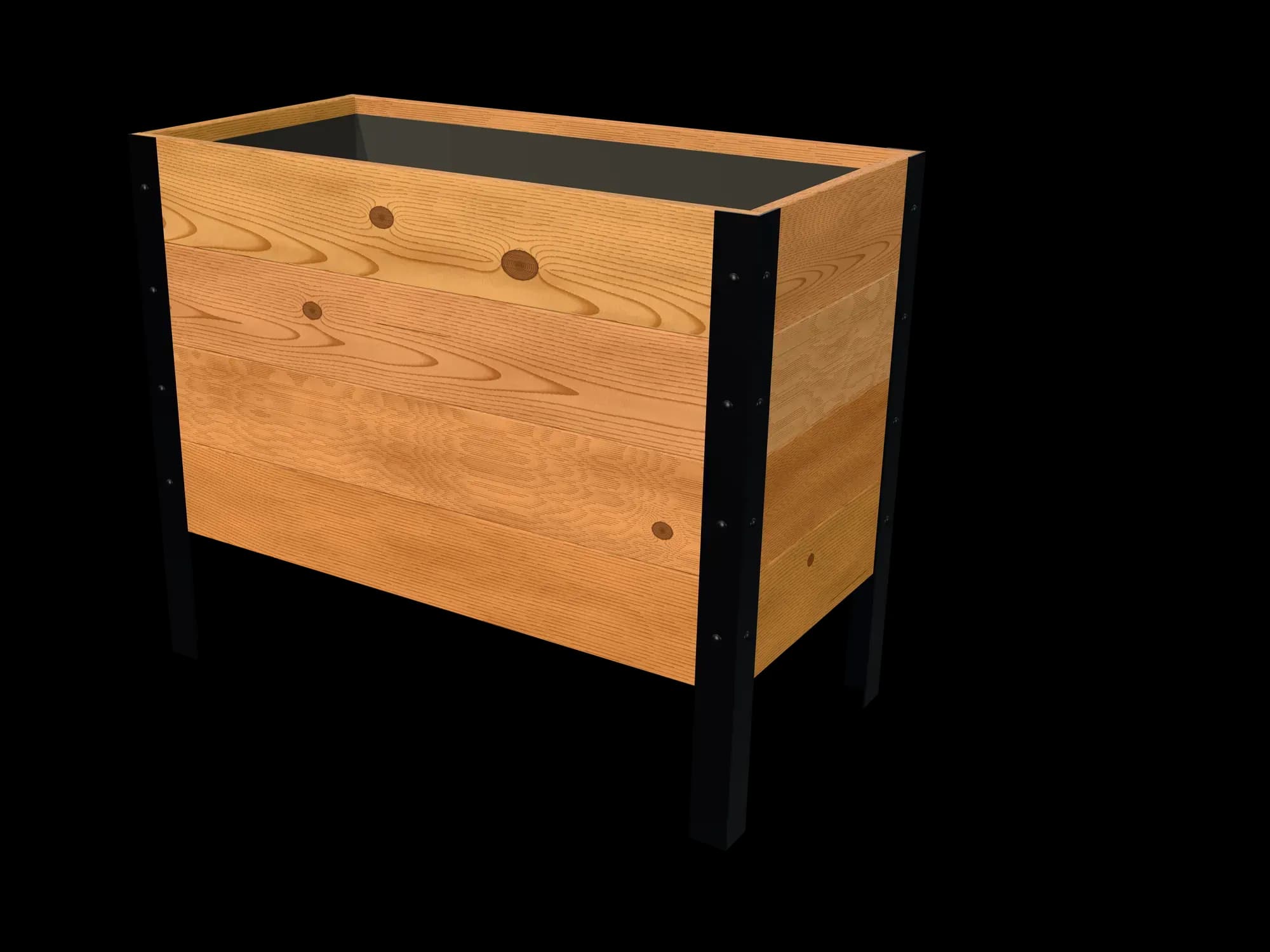 Rendering of the 18 × 36 in cedar raised garden bed, Deep, Knotty grade, three-quarter view on powder-coated steel legs