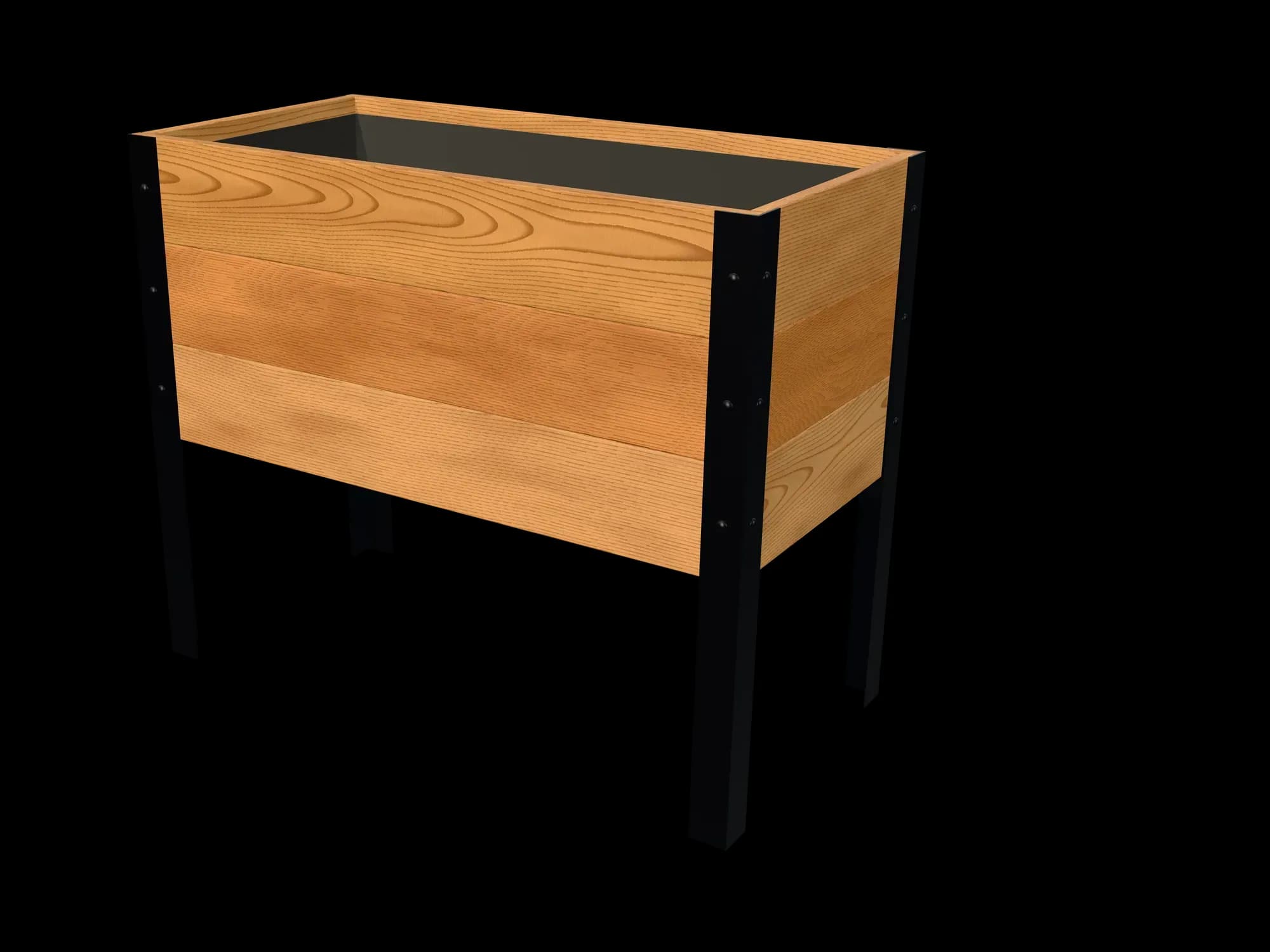 Rendering of the 18 × 36 in cedar raised garden bed, Standard, Clear grade, three-quarter view on powder-coated steel legs
