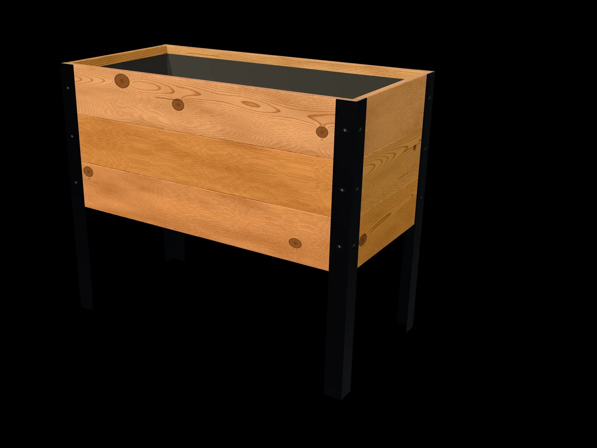 Rendering of the 18 × 36 in cedar raised garden bed, Standard, Knotty grade, three-quarter view on powder-coated steel legs
