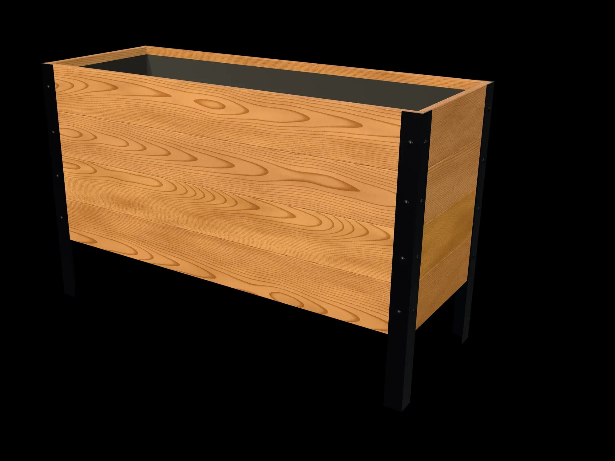 Rendering of the 18 × 48 in cedar raised garden bed, Deep, Clear grade, three-quarter view on powder-coated steel legs