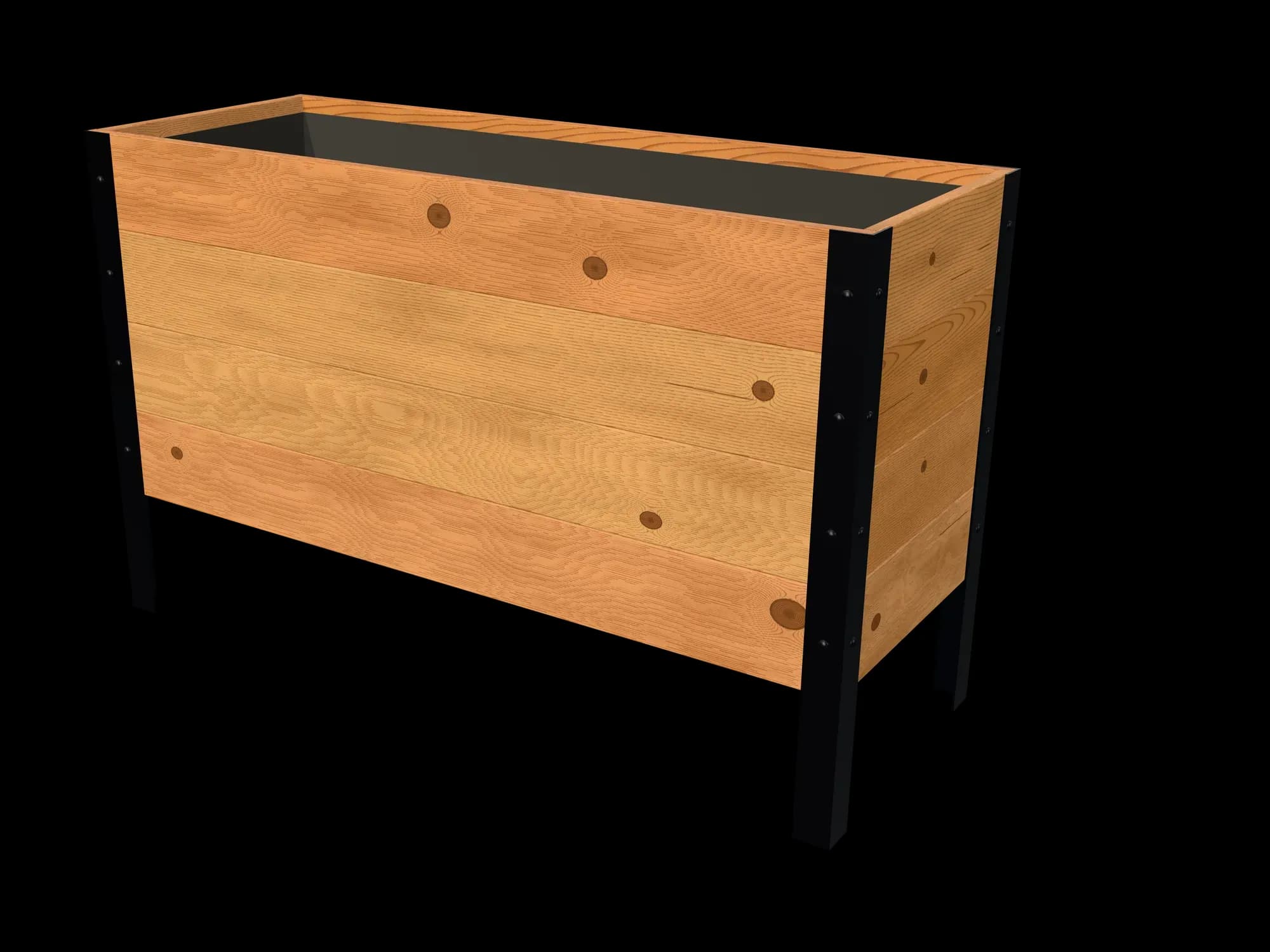 Rendering of the 18 × 48 in cedar raised garden bed, Deep, Knotty grade, three-quarter view on powder-coated steel legs