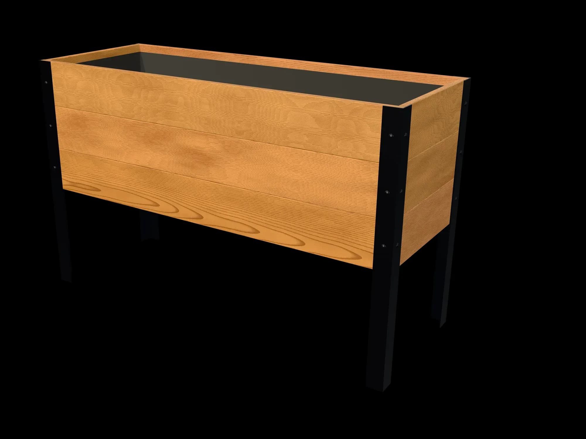 Rendering of the 18 × 48 in cedar raised garden bed, Standard, Clear grade, three-quarter view on powder-coated steel legs