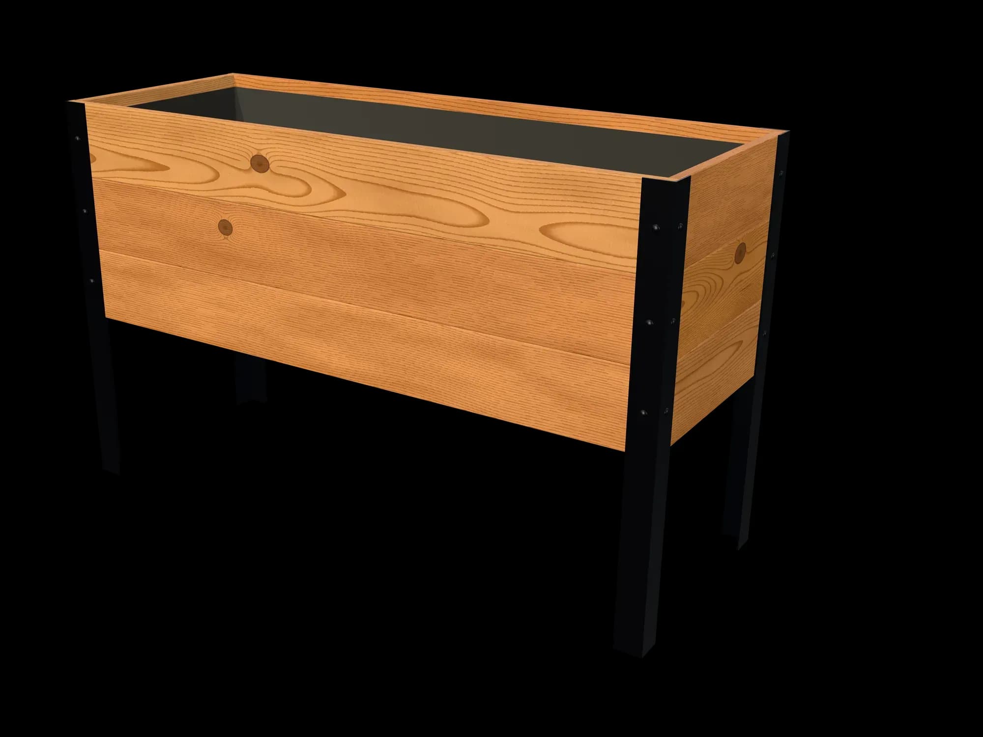 Rendering of the 18 × 48 in cedar raised garden bed, Standard, Knotty grade, three-quarter view on powder-coated steel legs