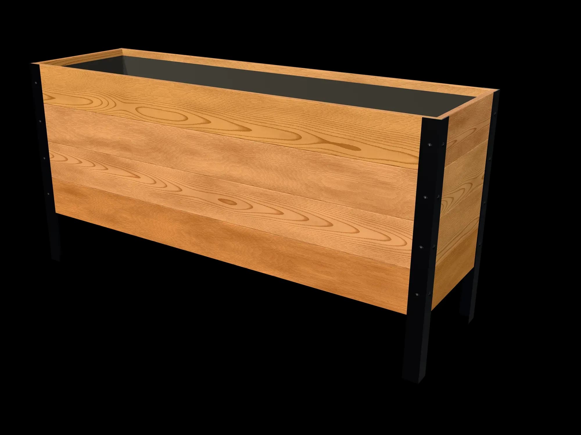Rendering of the 18 × 60 in cedar raised garden bed, Deep, Clear grade, three-quarter view on powder-coated steel legs