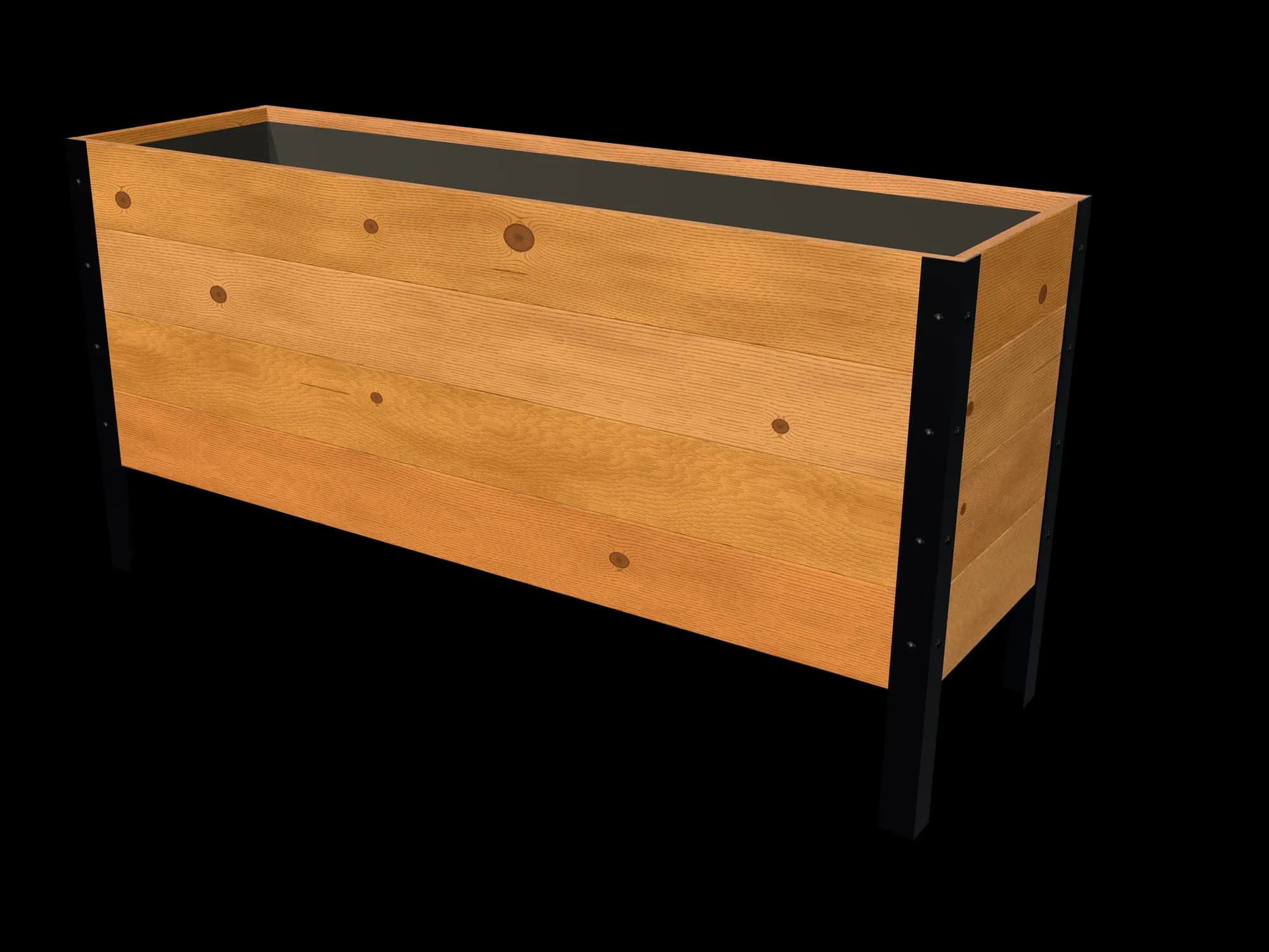 Rendering of the 18 × 60 in cedar raised garden bed, Deep, Knotty grade, three-quarter view on powder-coated steel legs