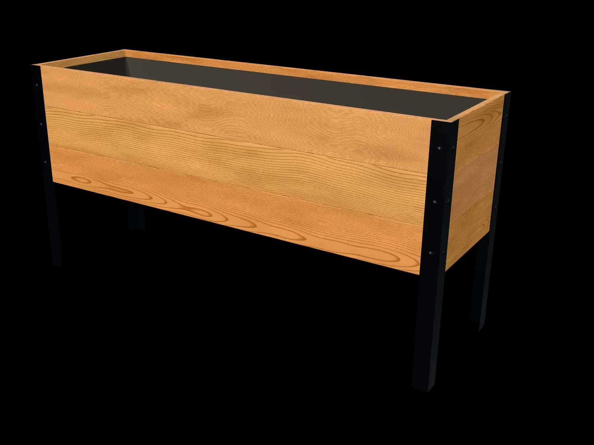 Rendering of the 18 × 60 in cedar raised garden bed, Standard, Clear grade, three-quarter view on powder-coated steel legs