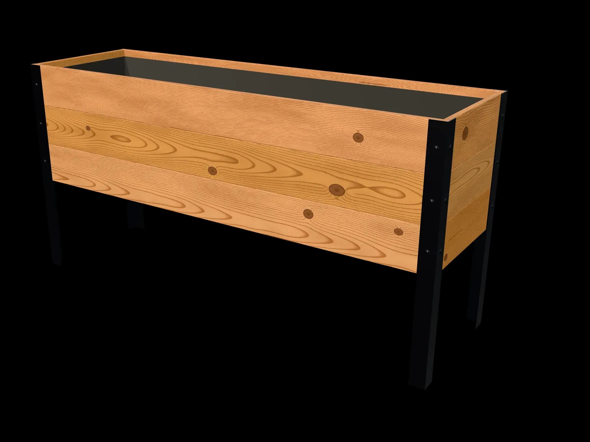 Rendering of the 18 × 60 in cedar raised garden bed, Standard, Knotty grade, three-quarter view on powder-coated steel legs