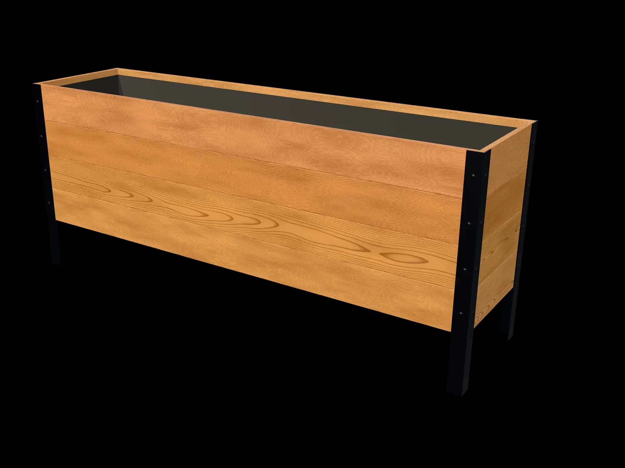 Rendering of the 18 × 72 in cedar raised garden bed, Deep, Clear grade, three-quarter view on powder-coated steel legs
