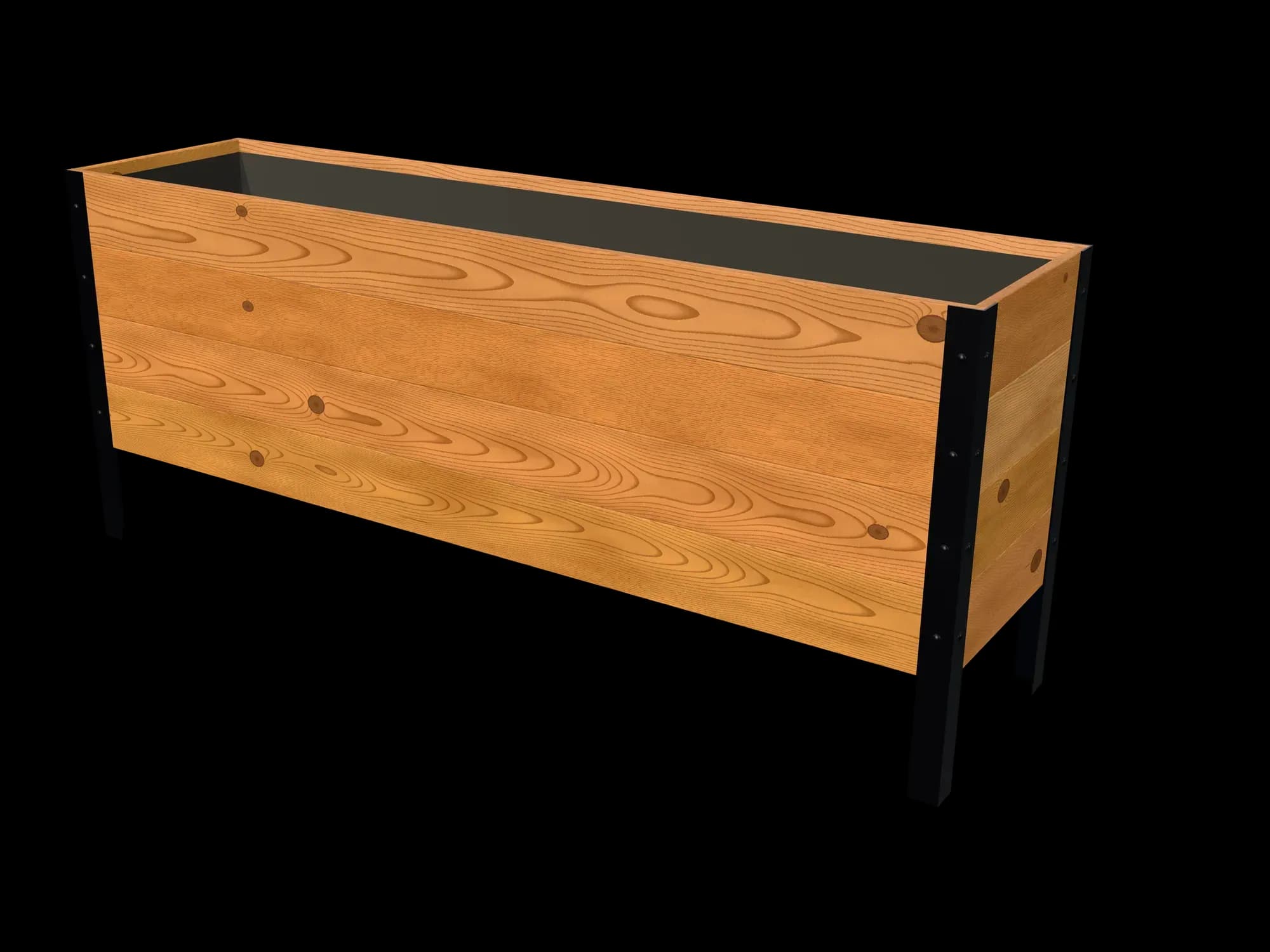Rendering of the 18 × 72 in cedar raised garden bed, Deep, Knotty grade, three-quarter view on powder-coated steel legs