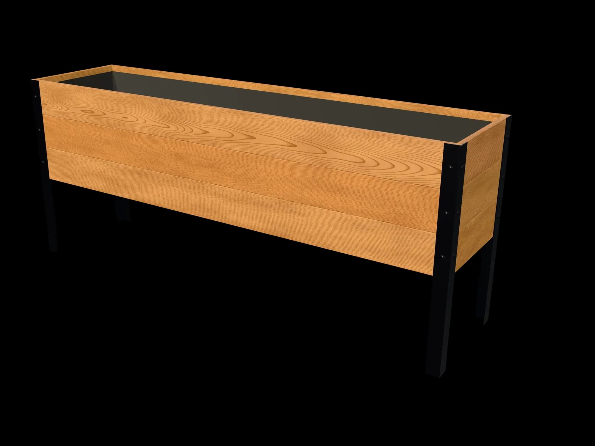 Rendering of the 18 × 72 in cedar raised garden bed, Standard, Clear grade, three-quarter view on powder-coated steel legs