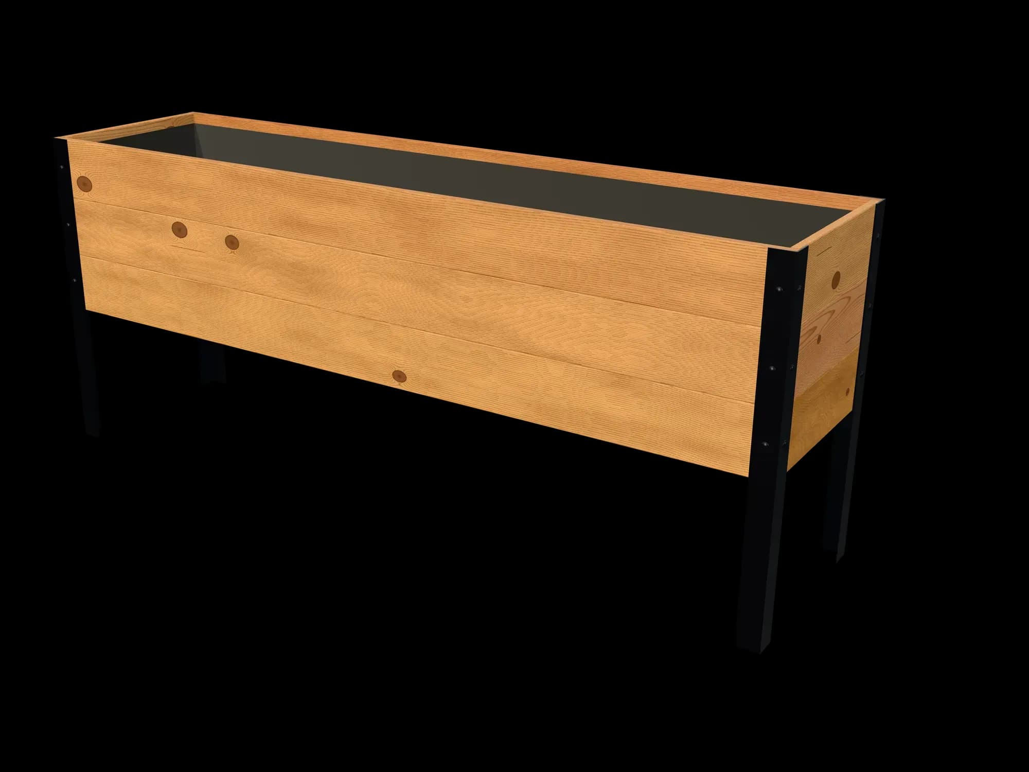 Rendering of the 18 × 72 in cedar raised garden bed, Standard, Knotty grade, three-quarter view on powder-coated steel legs