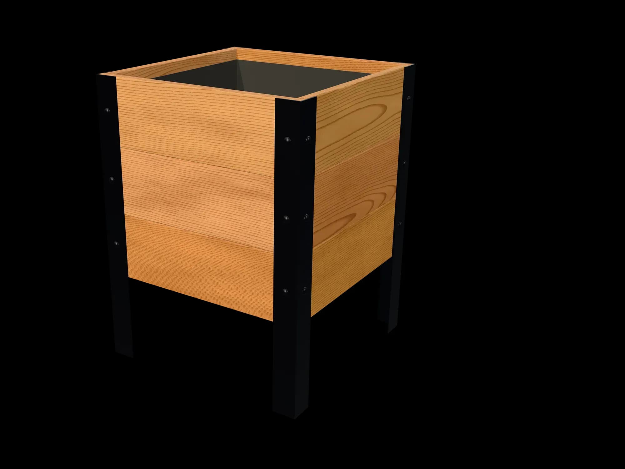 Rendering of the 18 × 18 in cedar planter box, Clear grade, three-quarter view on powder-coated steel legs