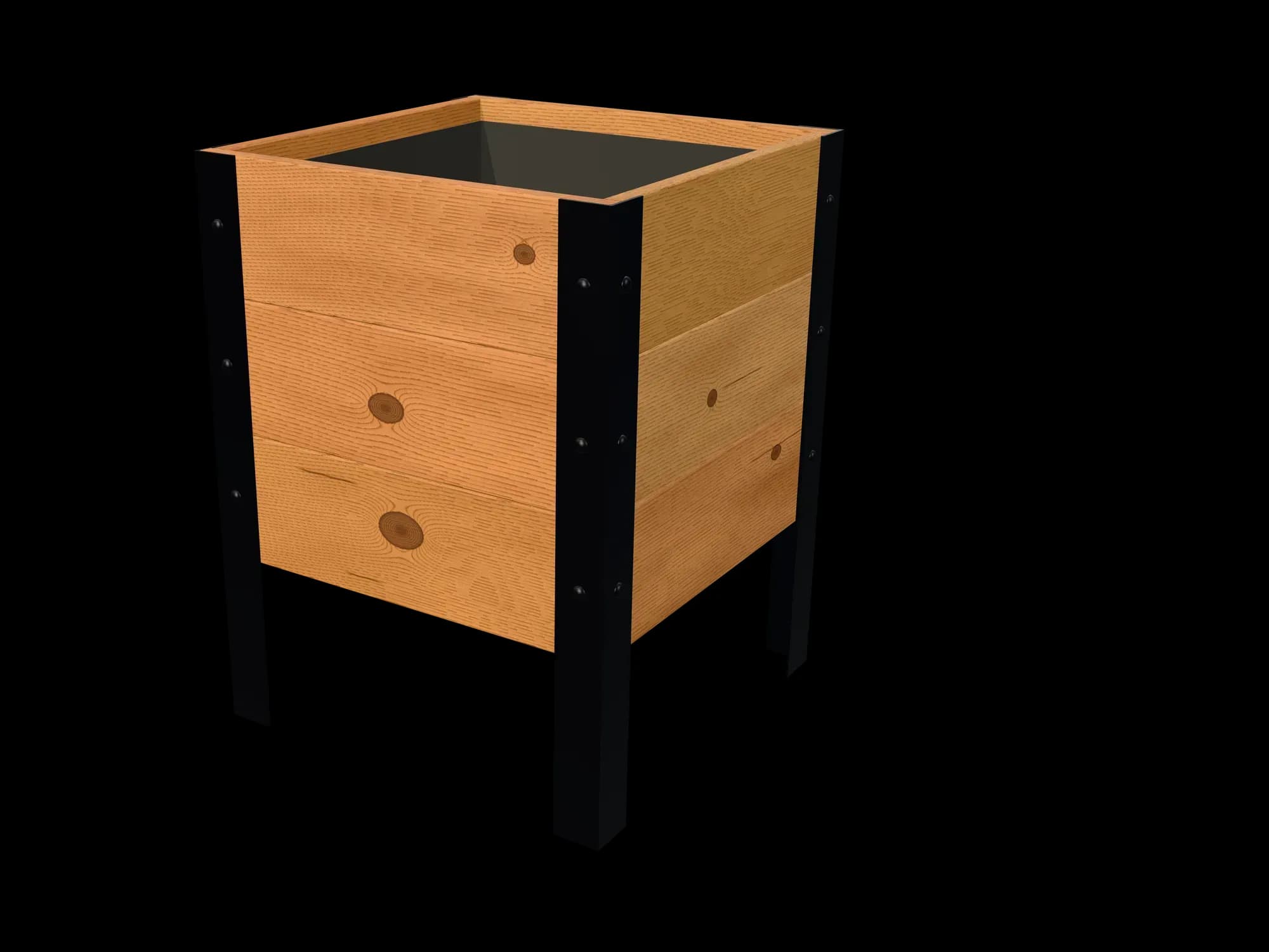Rendering of the 18 × 18 in cedar planter box, Knotty grade, three-quarter view on powder-coated steel legs