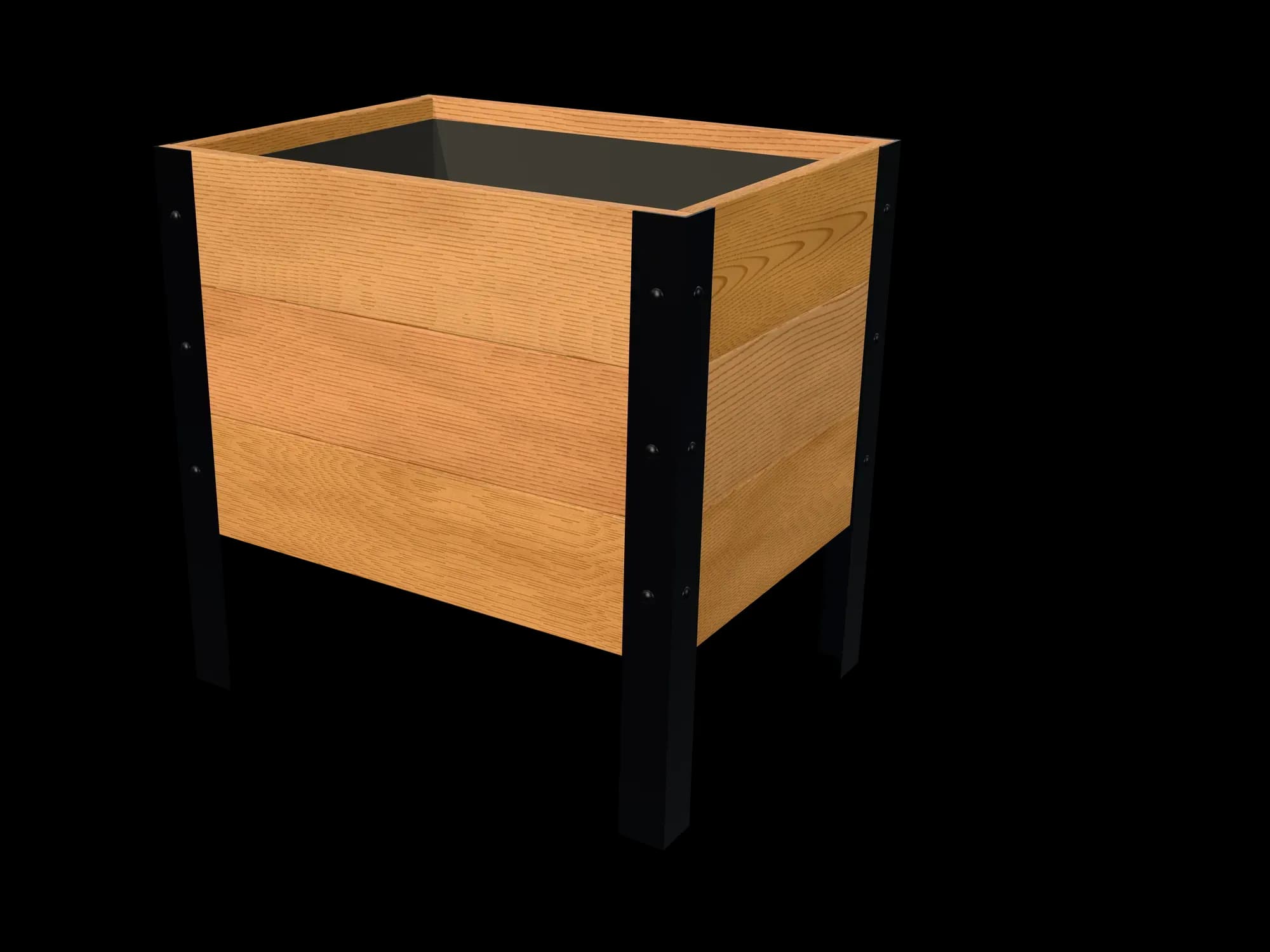 Rendering of the 18 × 24 in cedar planter box, Clear grade, three-quarter view on powder-coated steel legs