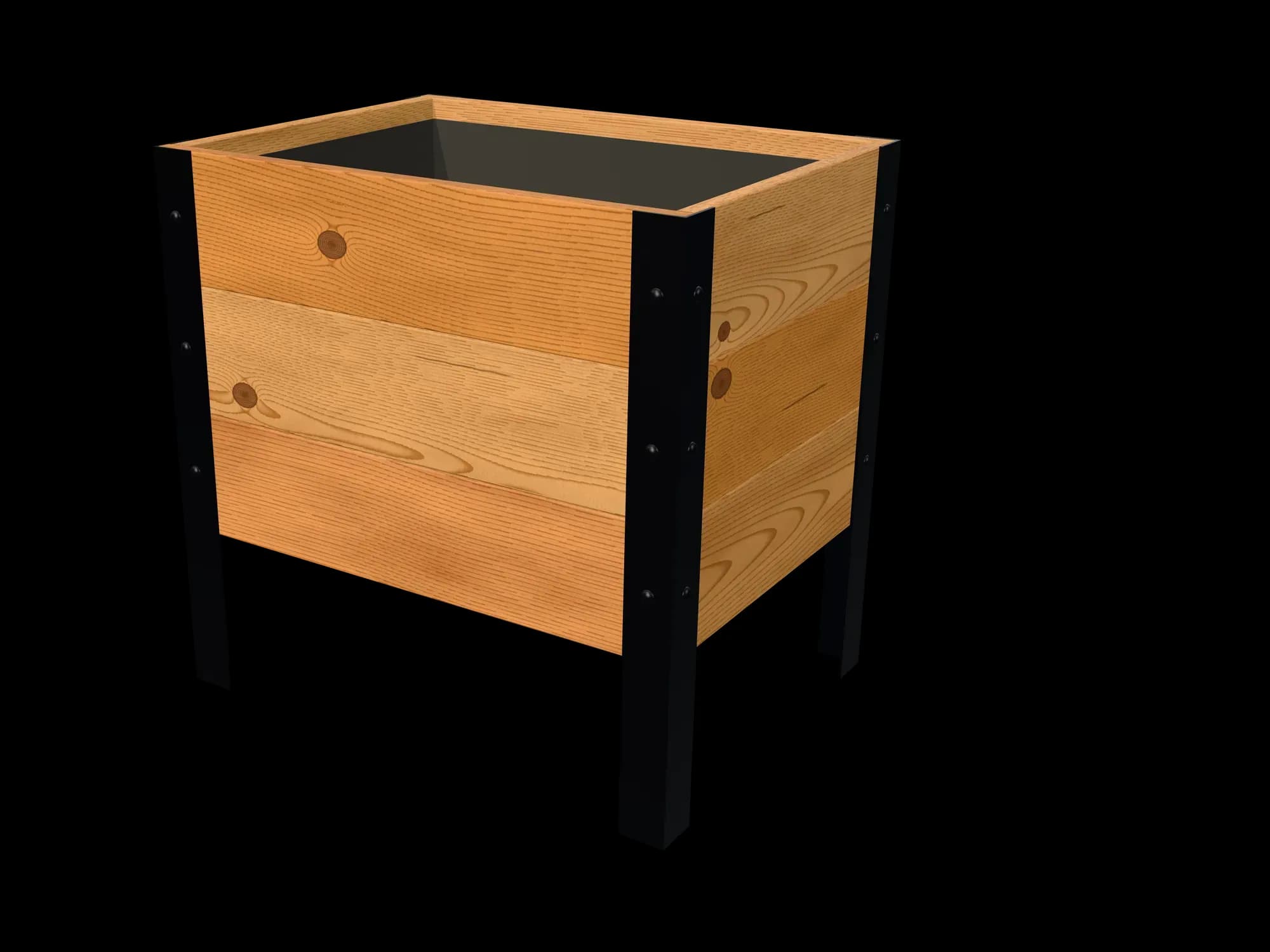 Rendering of the 18 × 24 in cedar planter box, Knotty grade, three-quarter view on powder-coated steel legs