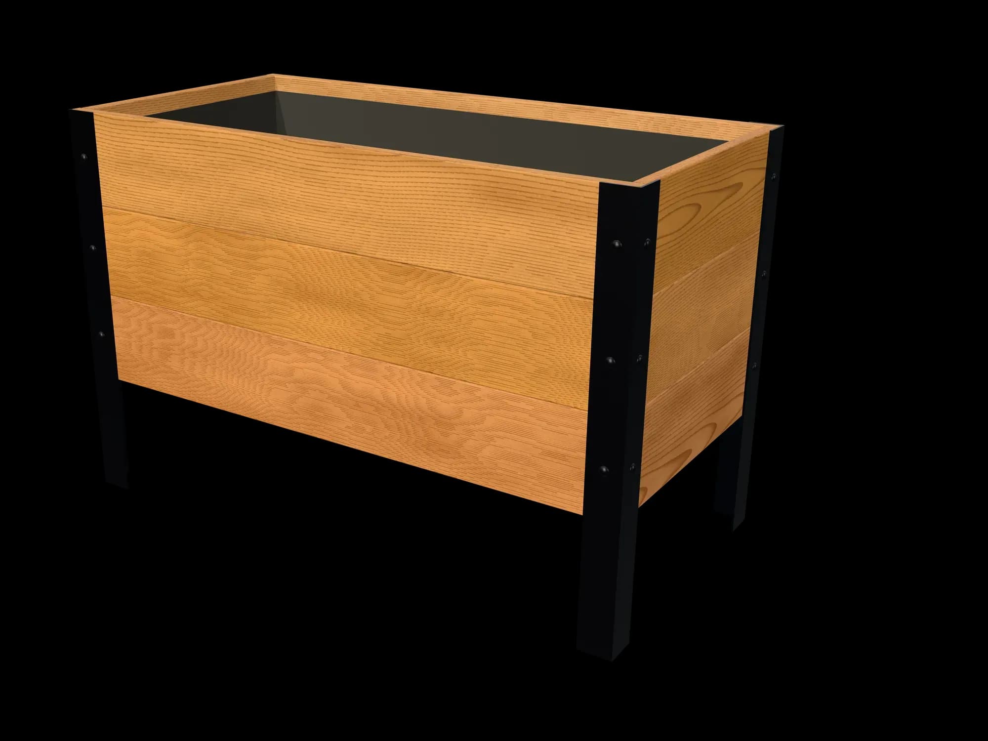 Rendering of the 18 × 36 in cedar planter box, Clear grade, three-quarter view on powder-coated steel legs