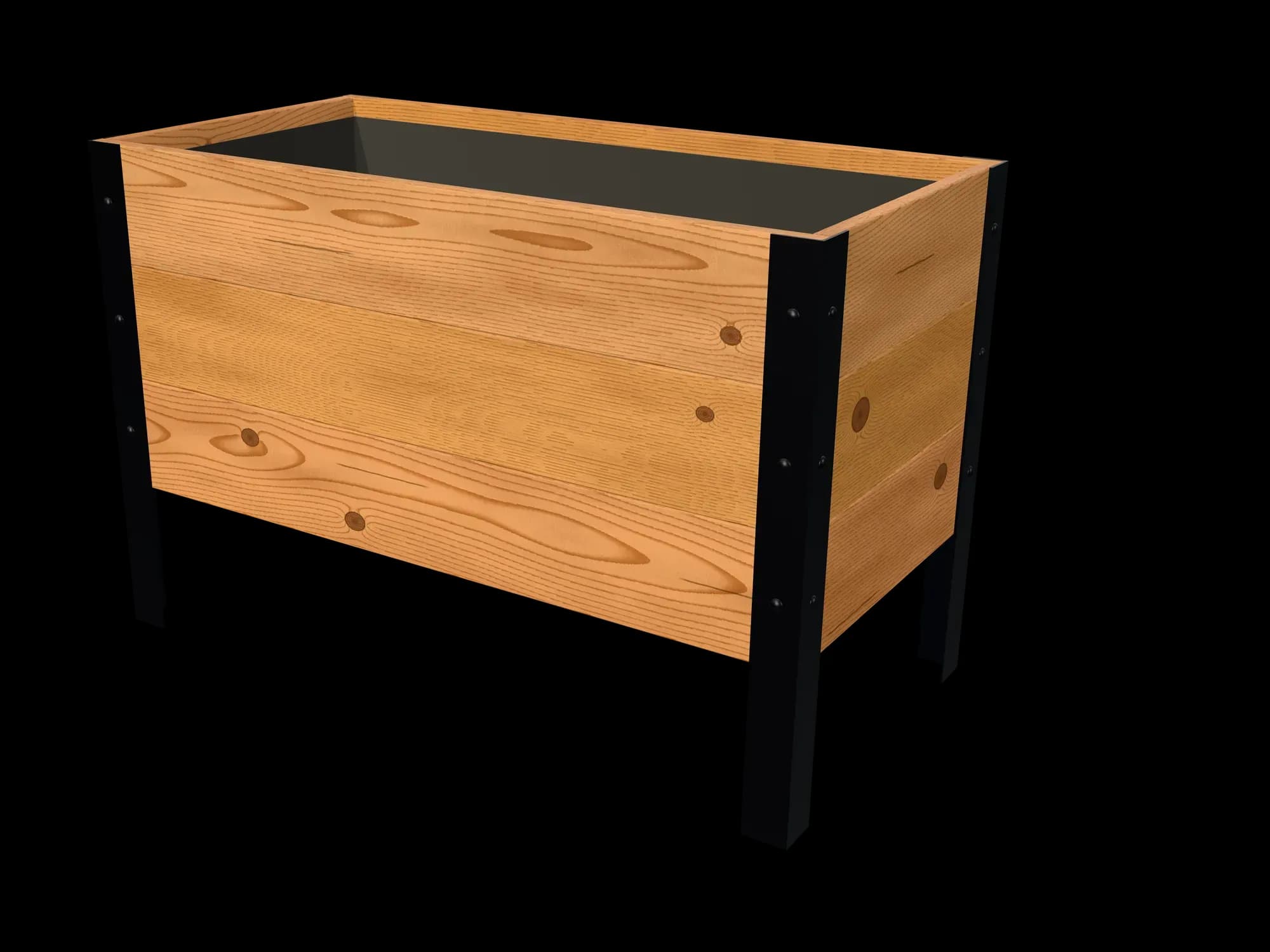 Rendering of the 18 × 36 in cedar planter box, Knotty grade, three-quarter view on powder-coated steel legs