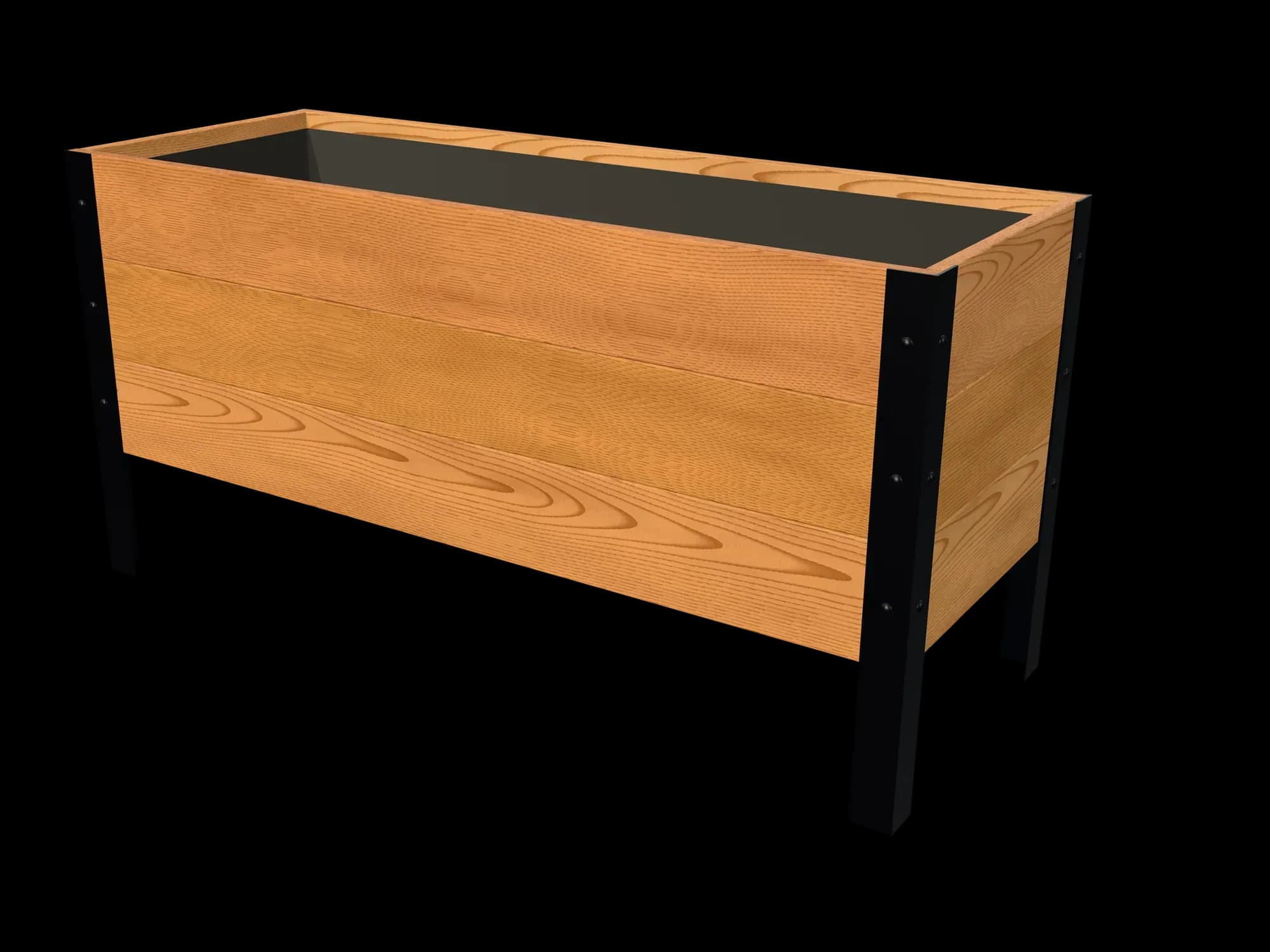 Rendering of the 18 × 48 in cedar planter box, Clear grade, three-quarter view on powder-coated steel legs