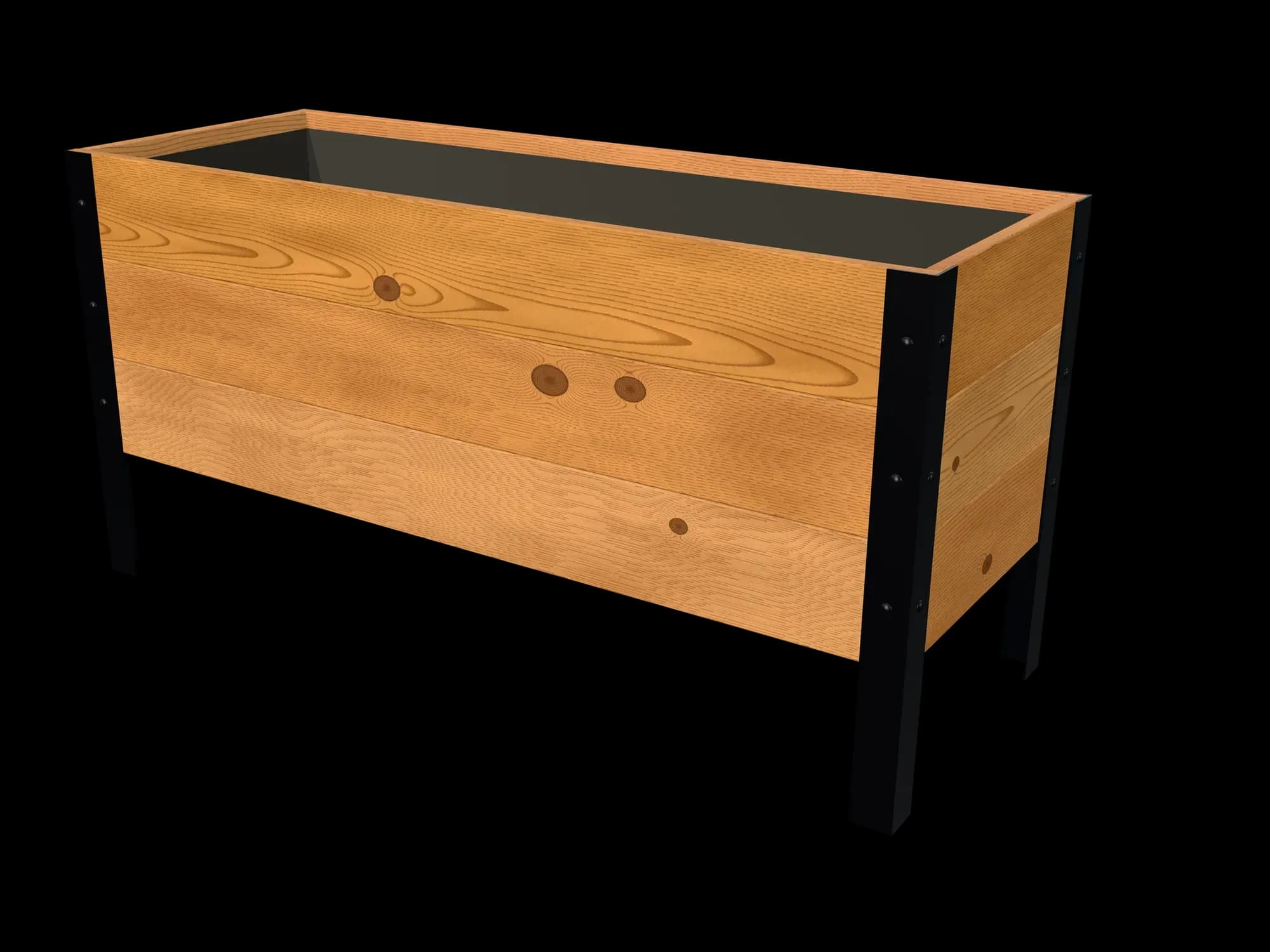 Rendering of the 18 × 48 in cedar planter box, Knotty grade, three-quarter view on powder-coated steel legs