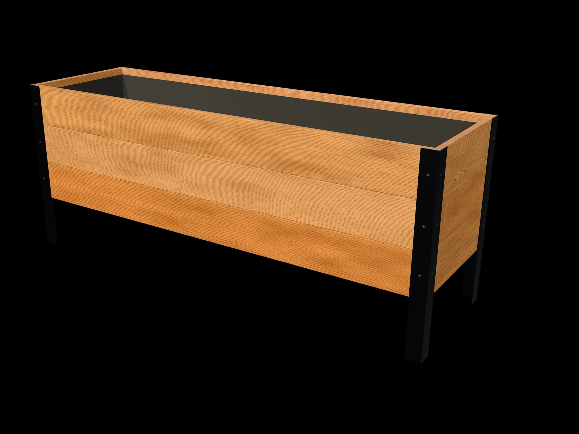 Rendering of the 18 × 60 in cedar planter box, Clear grade, three-quarter view on powder-coated steel legs