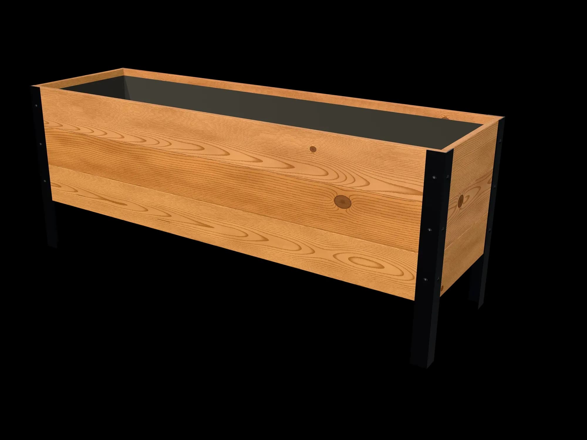 Rendering of the 18 × 60 in cedar planter box, Knotty grade, three-quarter view on powder-coated steel legs