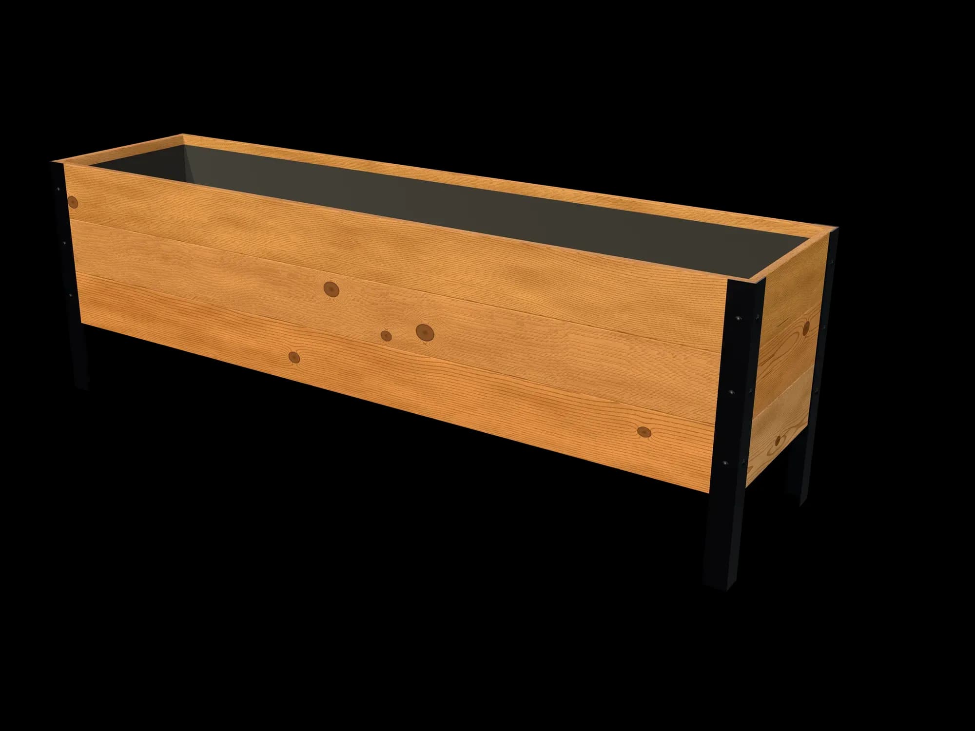 Rendering of the 18 × 72 in cedar planter box, Knotty grade, three-quarter view on powder-coated steel legs
