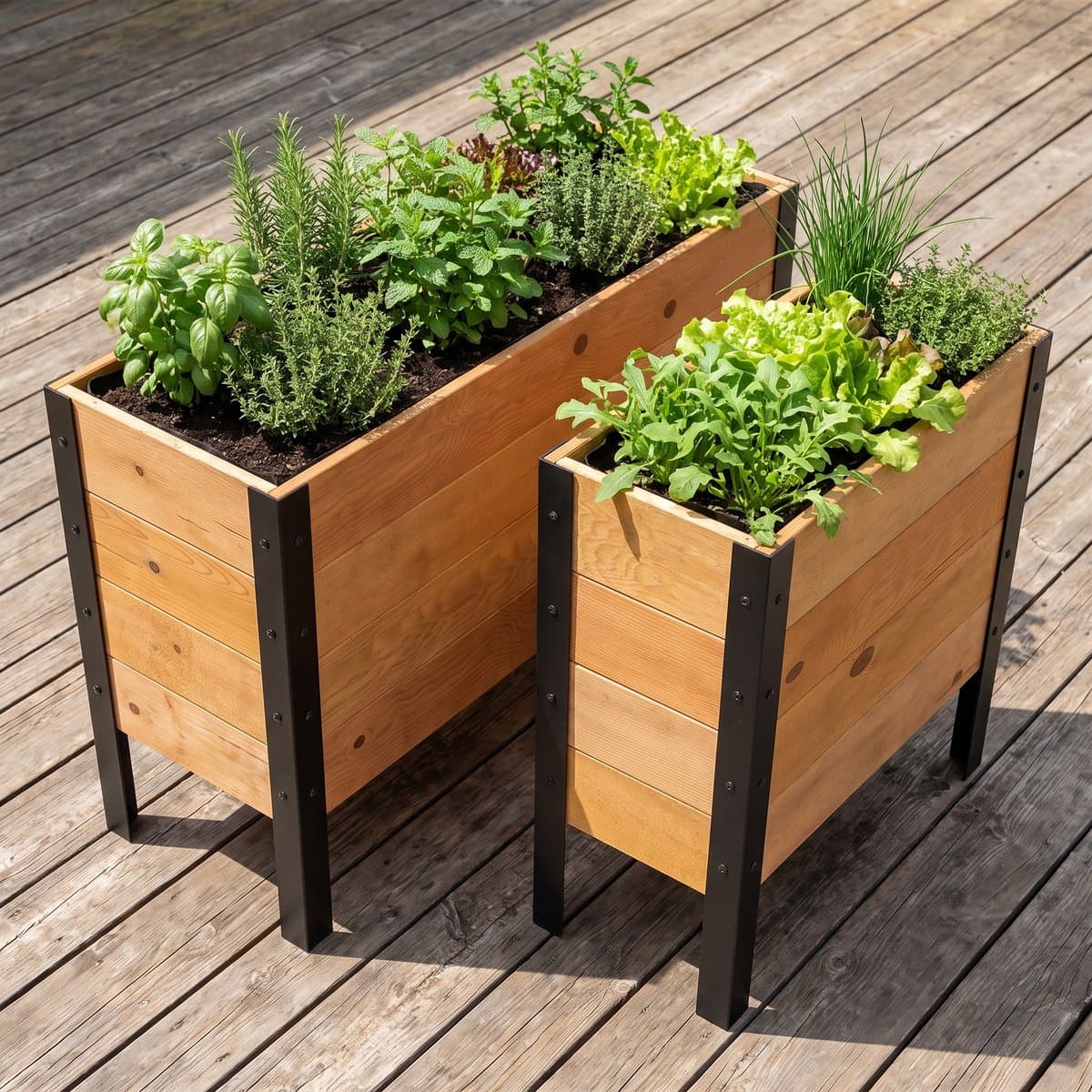 Illustration of two cedar raised garden beds of different sizes side by side on a wooden deck, planted with herbs and salad greens