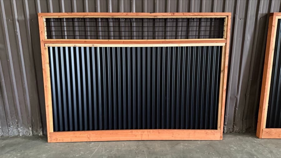 Wood and steel fence panel with diagonal lattice top