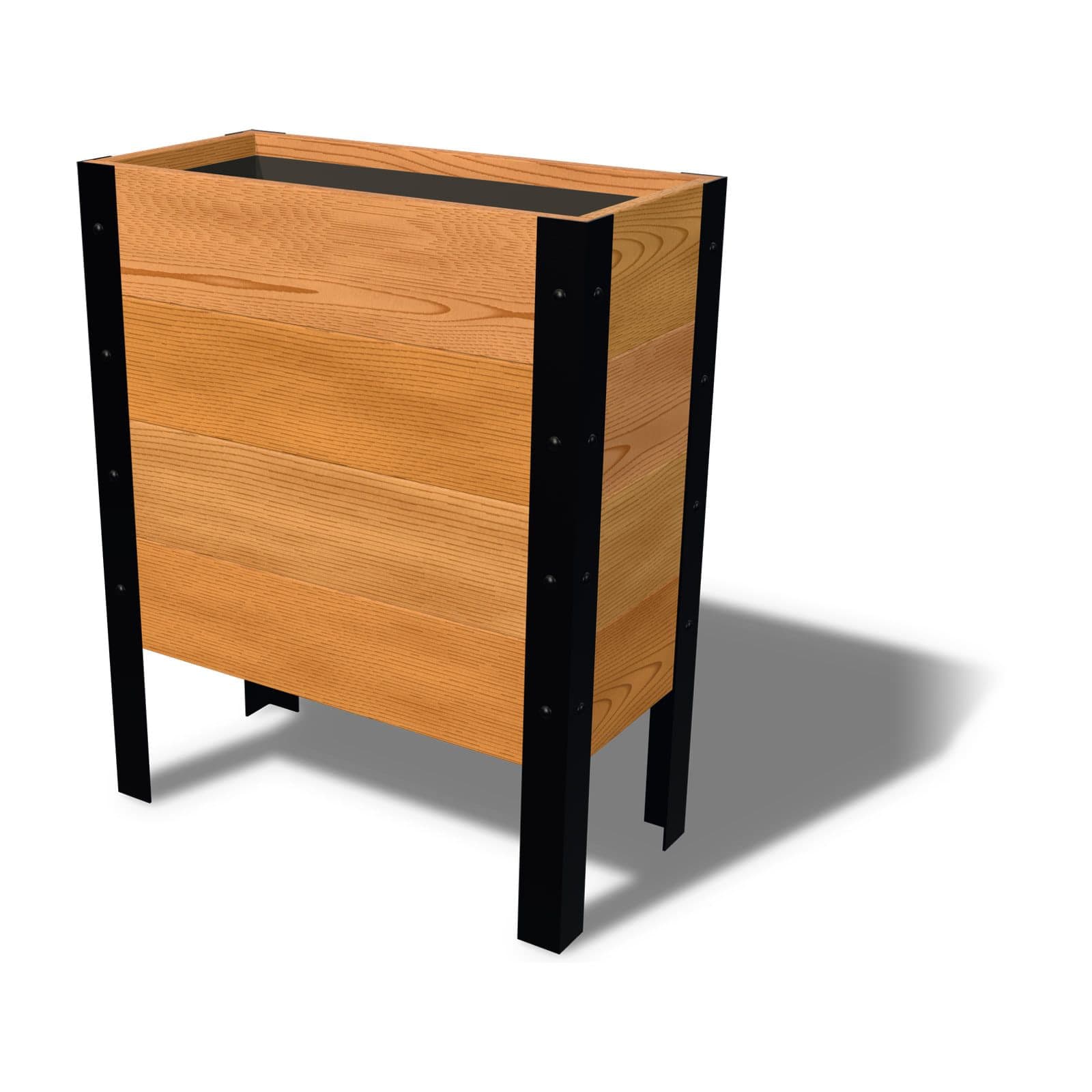 Rendering of the 11.5 by 24 inch cedar raised garden bed, Deep, Clear grade, on powder-coated steel legs
